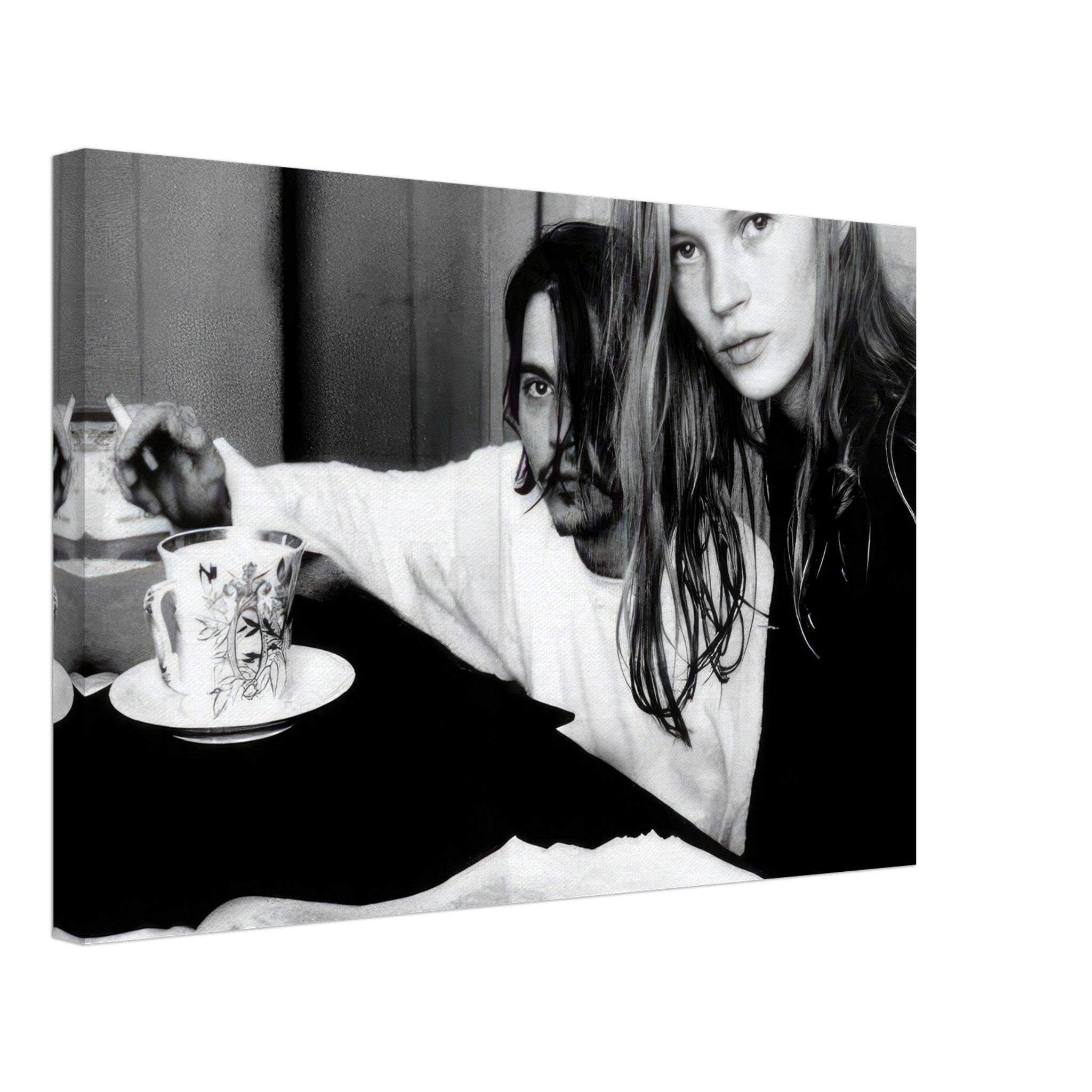 Johnny Depp and Kate Moss black-and-white canvas print, capturing 90s nostalgia and rebellious romance.