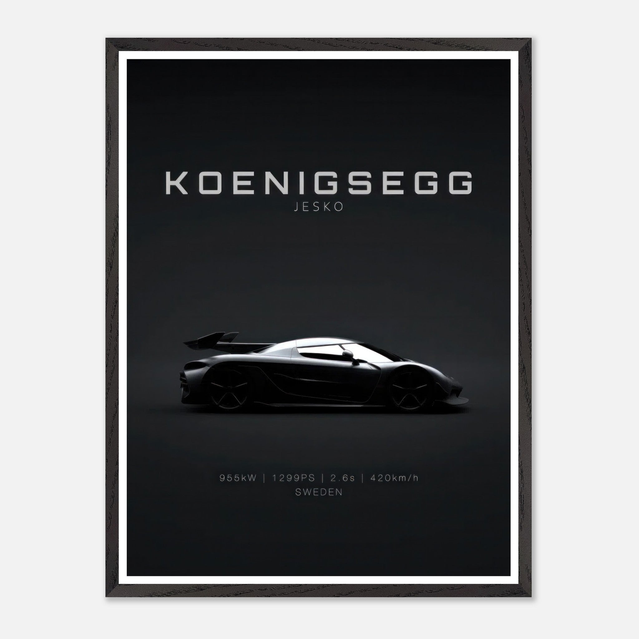 Koenigsegg Jesko vintage framed art featuring a sleek silhouette on a black background.