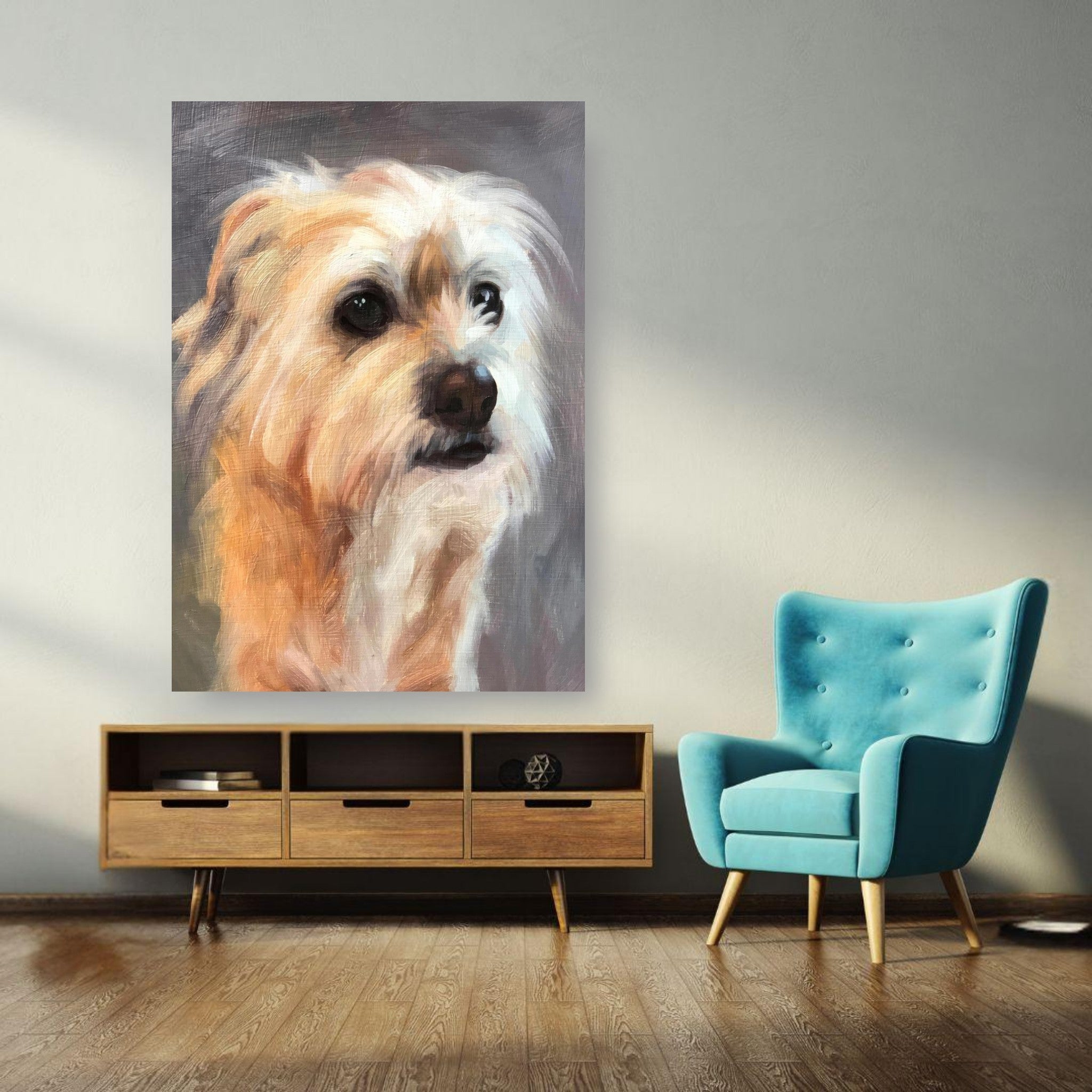 Terrier dog painting poster in a modern living room, showcasing lifelike detail and warmth.