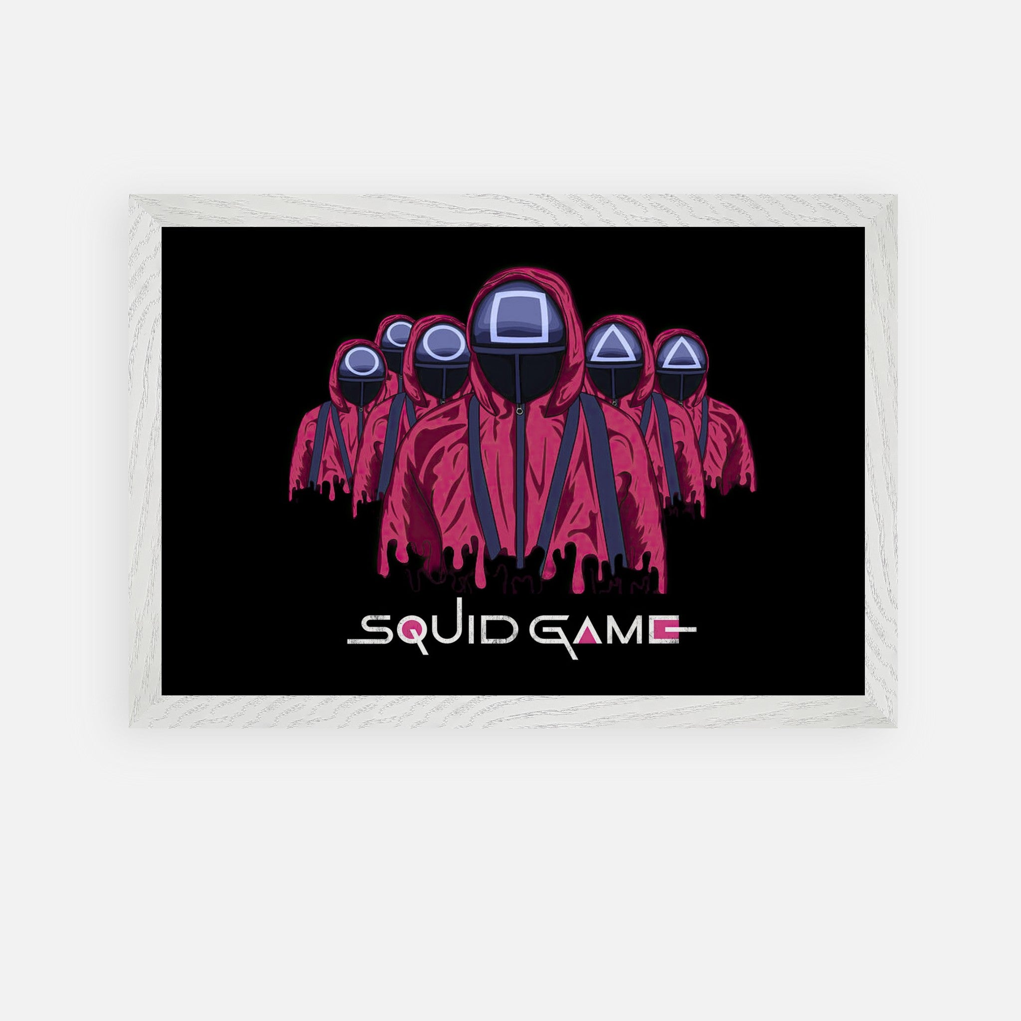 Fine art print of Squid Game soldiers in red uniforms, showcasing iconic masked characters from the popular series.