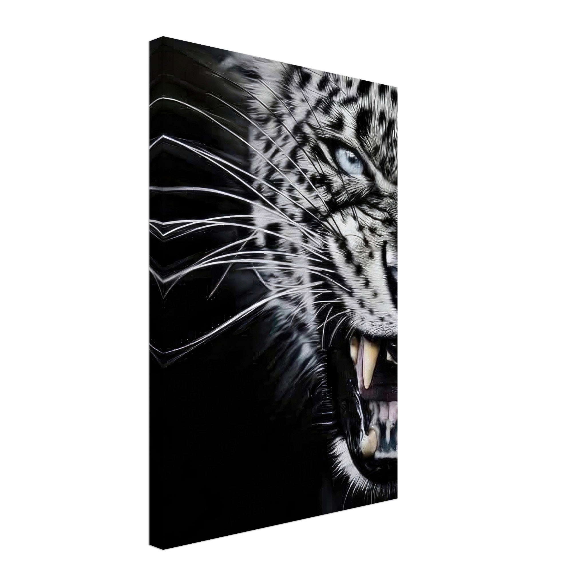 Close-up portrait of a fierce leopard on canvas, showcasing its striking eyes and sharp fangs.