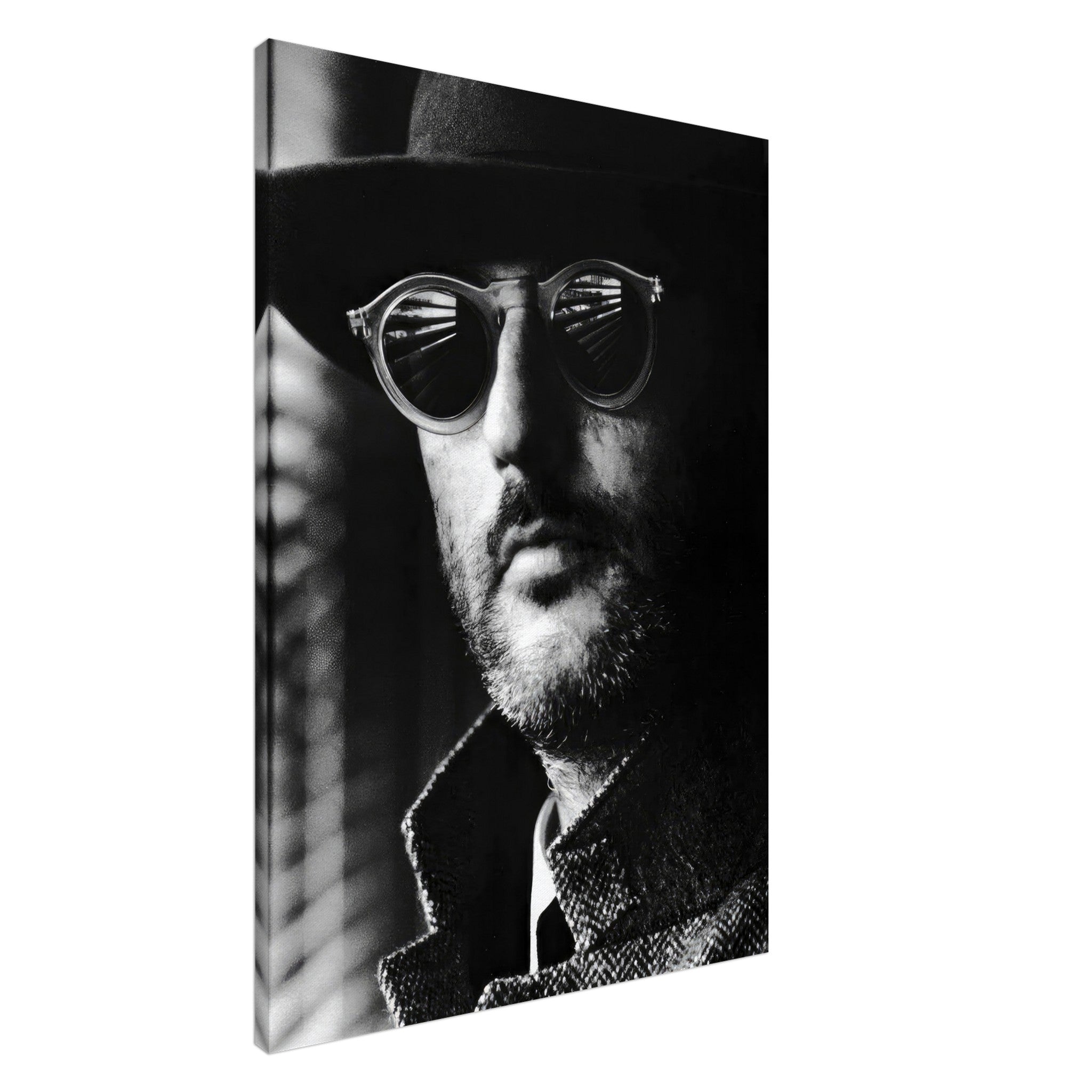 Jean Reno Leon Photography Canvas, striking black-and-white portrait with sharp details and elegant contrast.