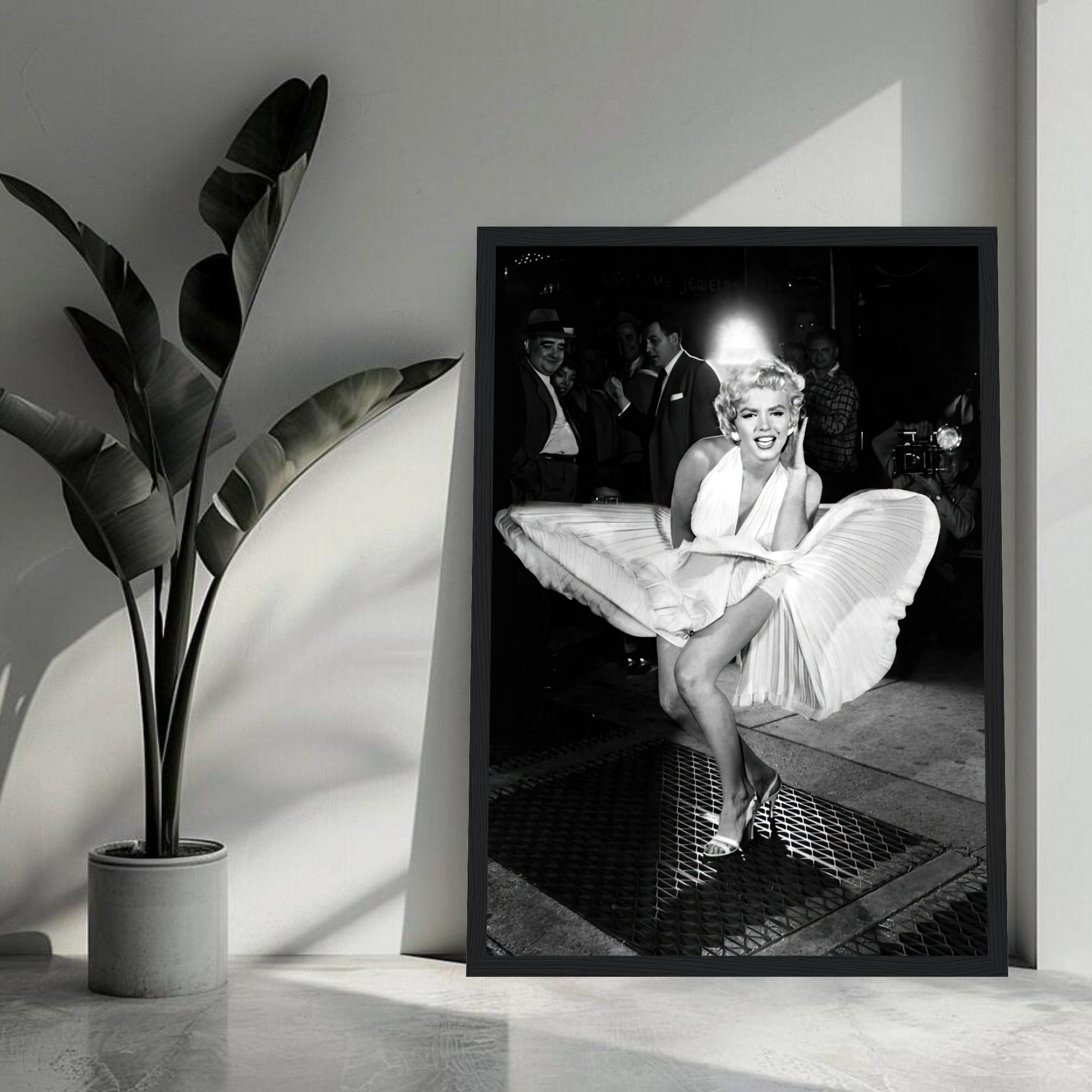 Framed print of Marilyn Monroe in white dress, capturing her iconic wind-blown moment from The Seven Year Itch.