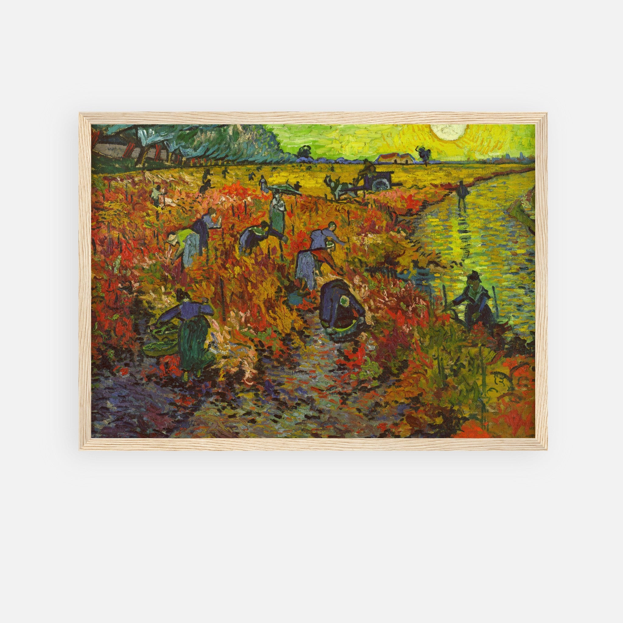 The Red Vineyard by Van Gogh framed print featuring vibrant autumn colors and harvest scene.