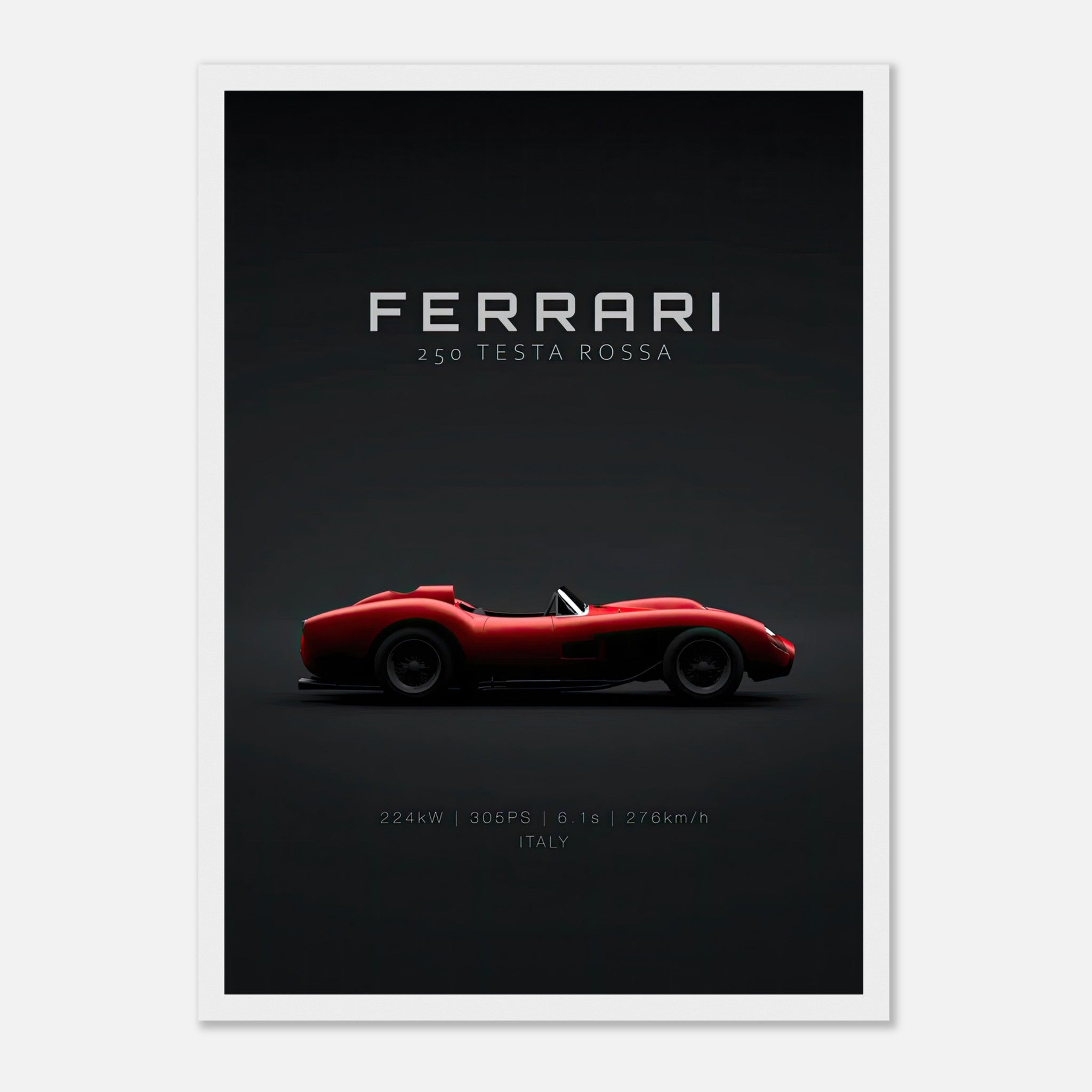 Ferrari 250 Testa Rossa framed poster featuring a sleek side profile on a minimalist black background.