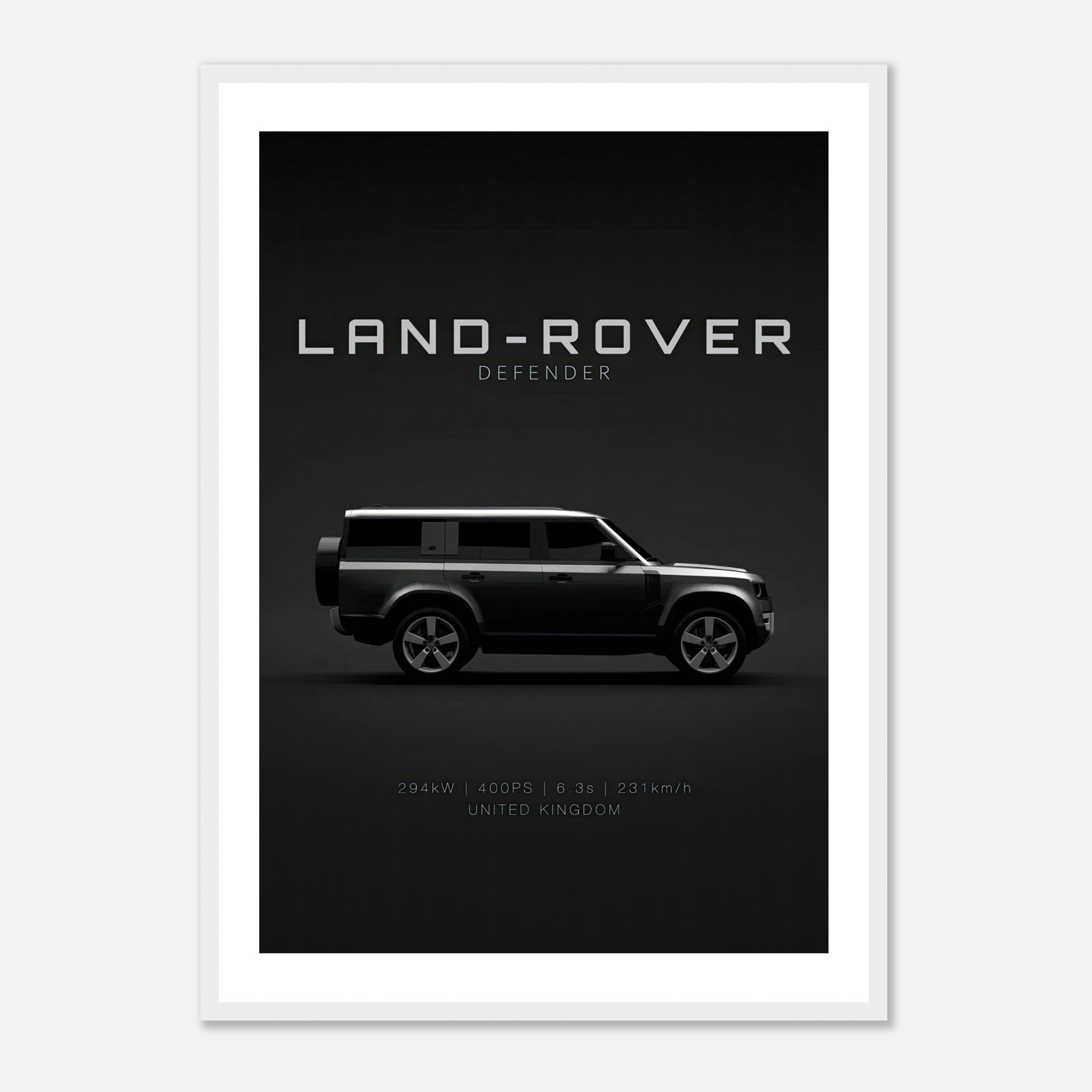 Land Rover Defender framed print showcasing sleek side profile and minimalist design, perfect for automotive enthusiasts.