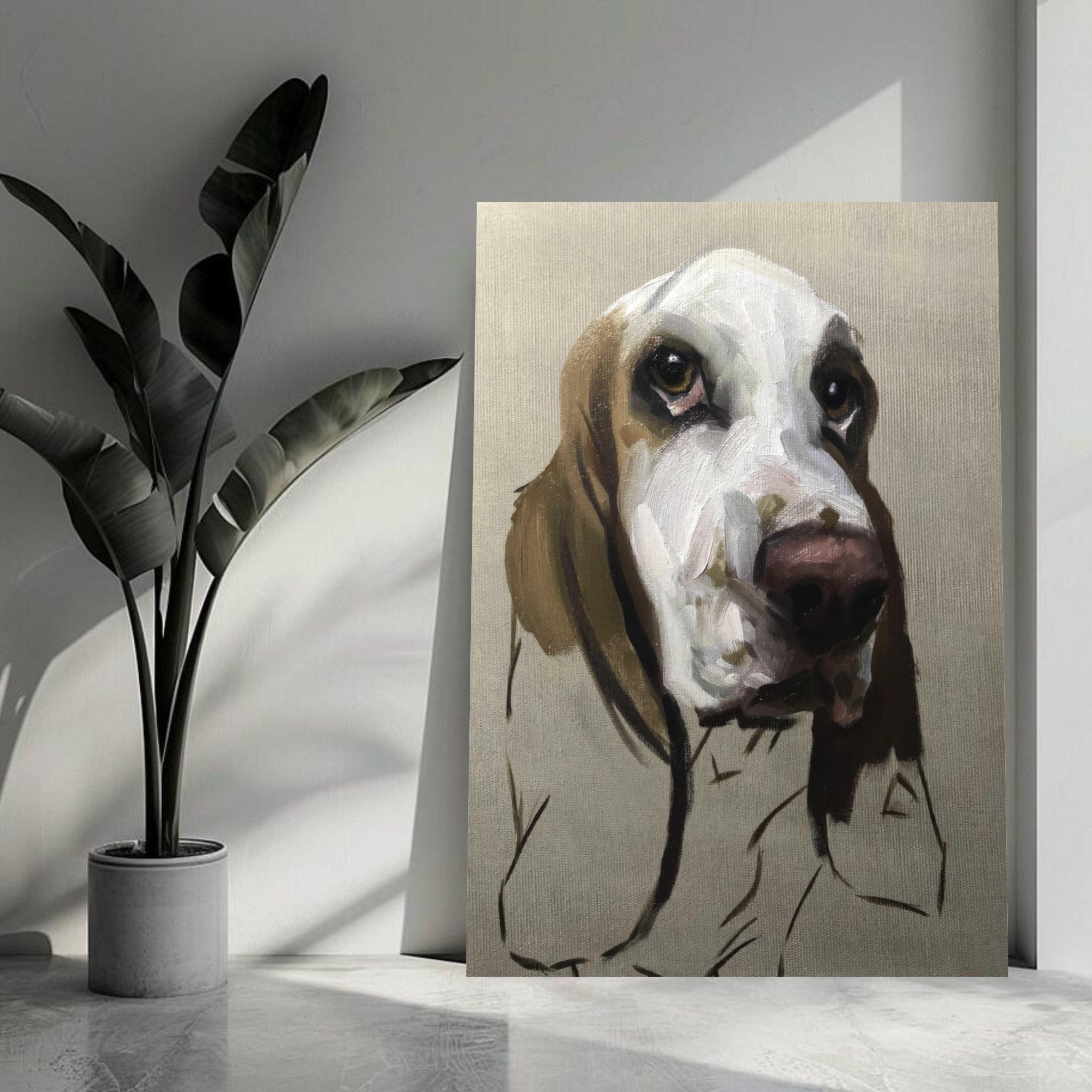 Basset Hound dog painting on metal print showcasing a soulful expression and unique artistic style.