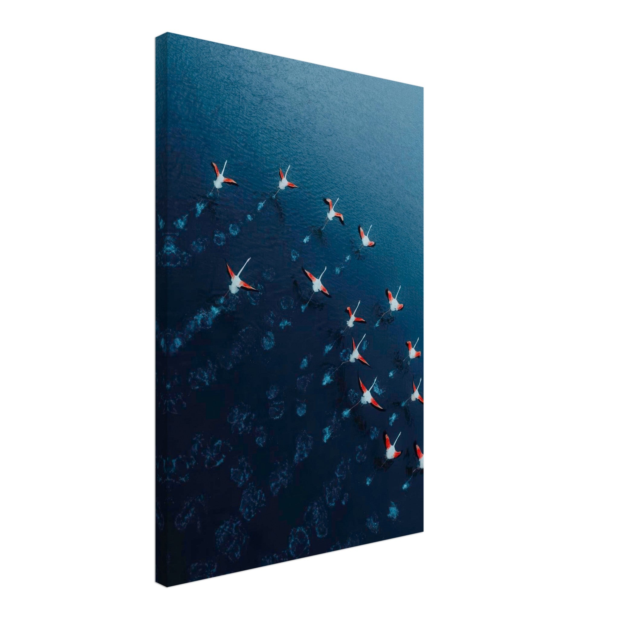 Aerial view of flamingos flying over deep blue waters, vibrant pink contrasted against rich navy hues on canvas print.