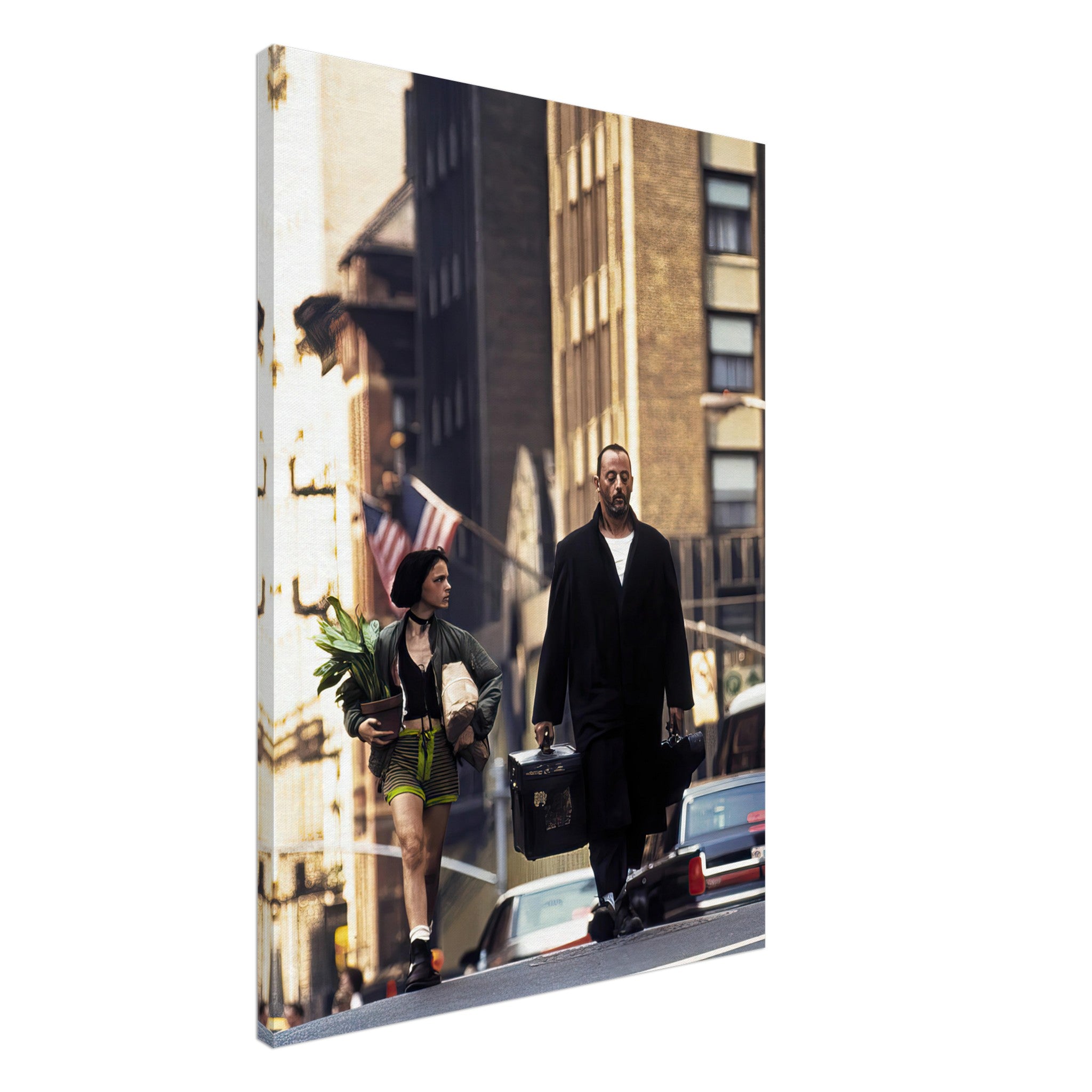 Jean Reno and Natalie Portman walking in a scene from Leon: The Professional on canvas.