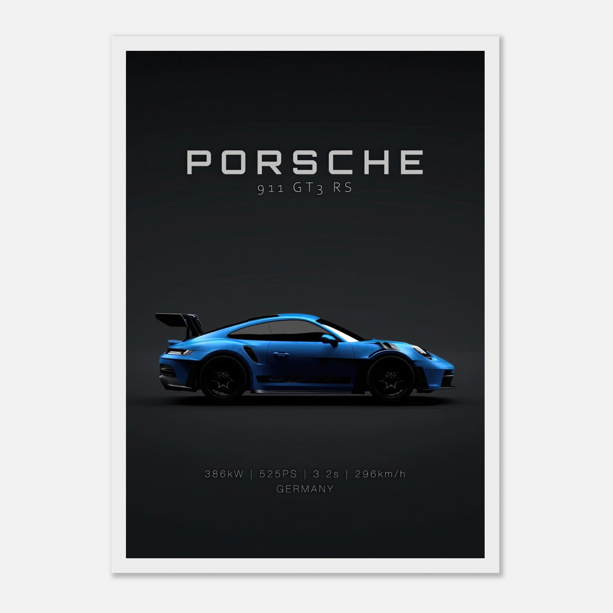 Framed poster of Porsche 911 GT3 RS with stats on a dark background, showcasing elegance and automotive power.