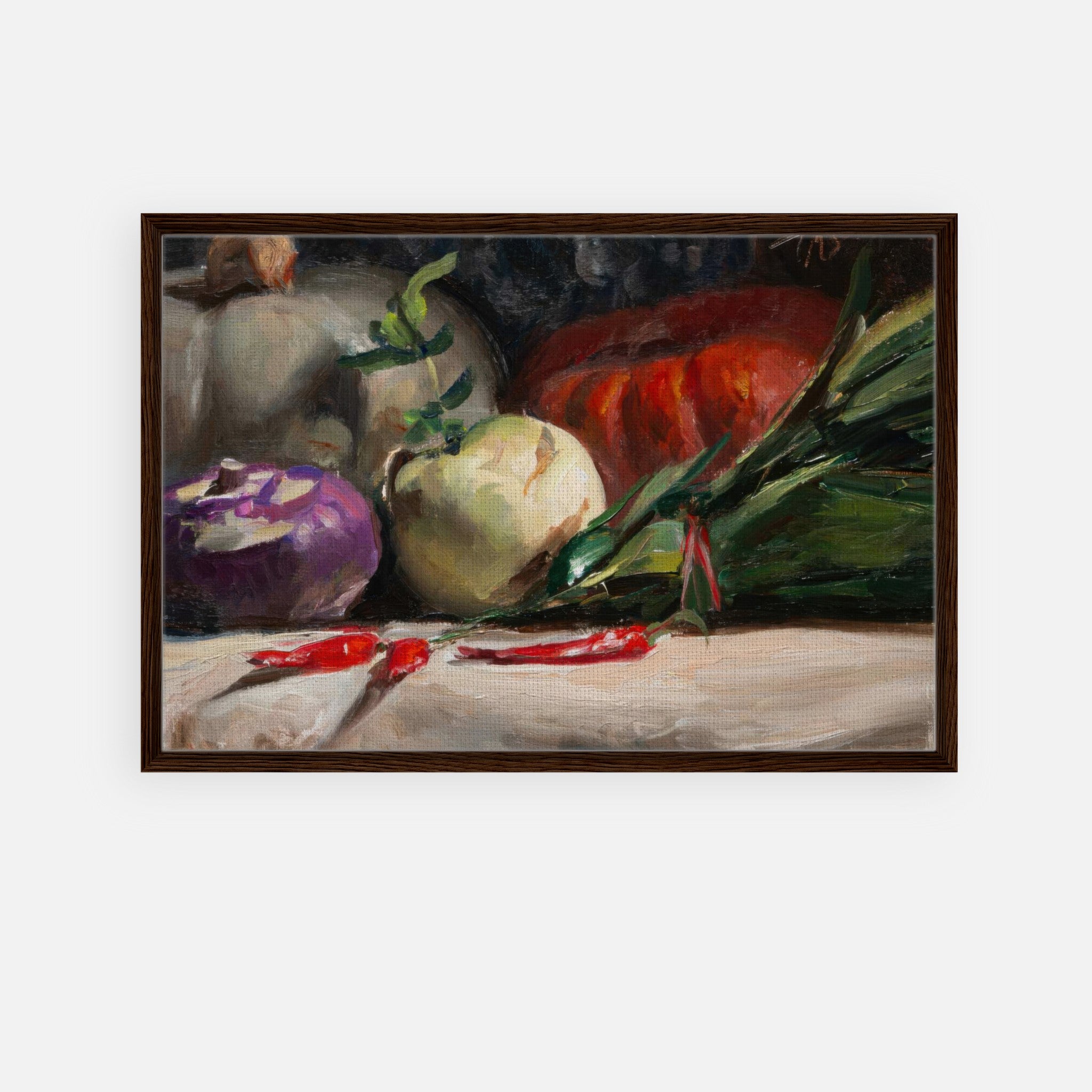 Framed canvas print featuring kohlrabi, pumpkins, and chilis in a vibrant oil painting, perfect for kitchen decor.