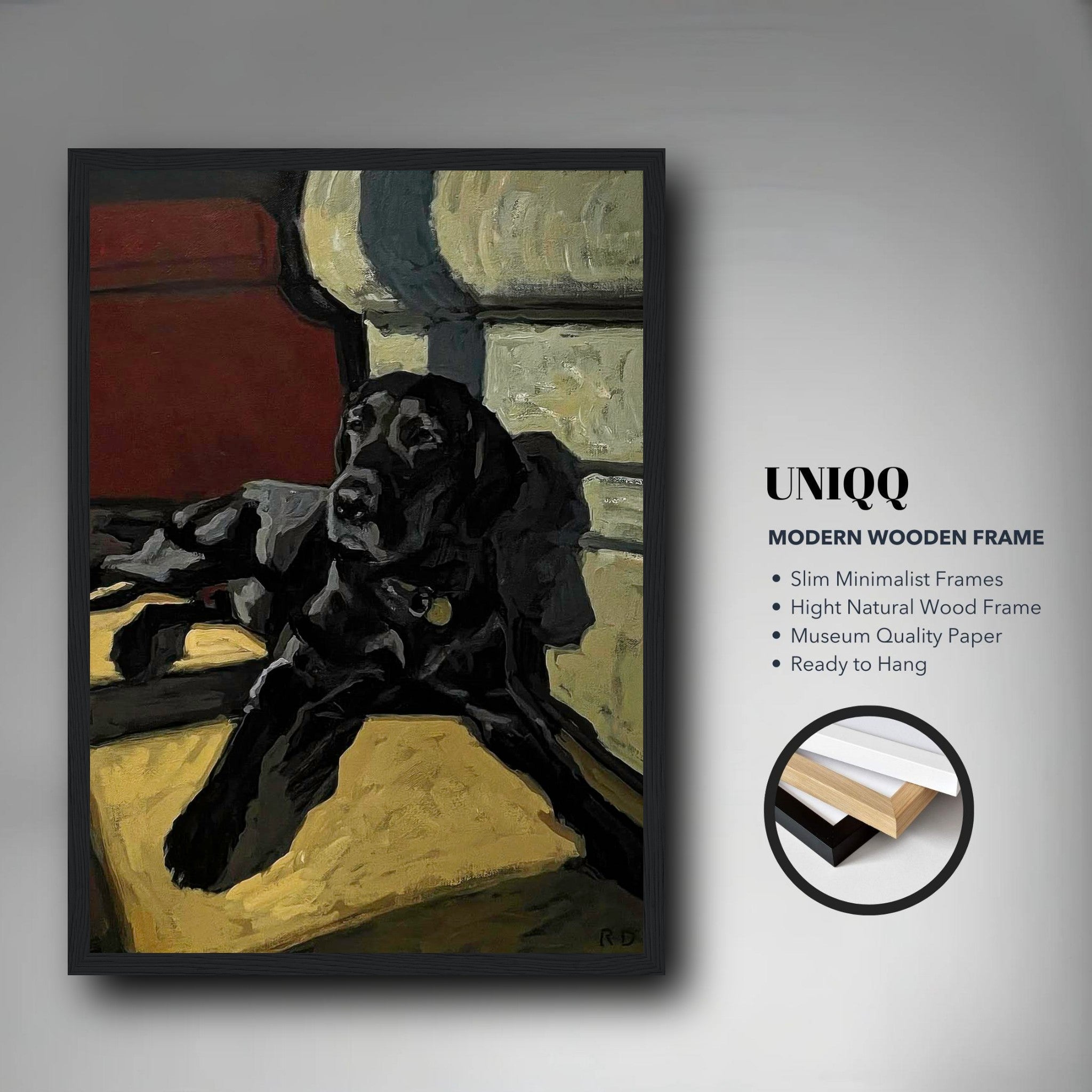 Framed print of a black Labrador lounging in a cozy setting, featuring rich earthy tones and expressive brushstrokes.