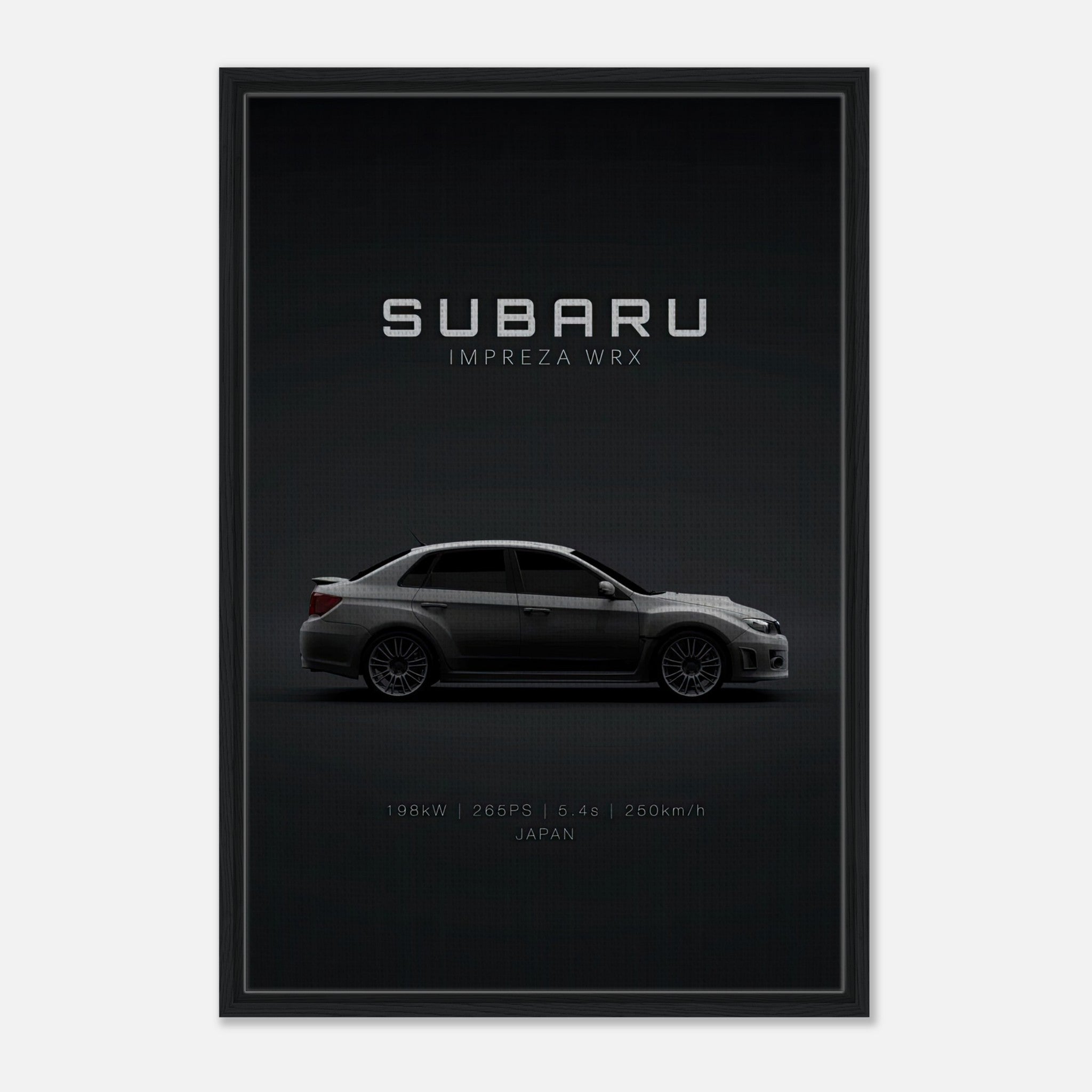Subaru WRX framed canvas displaying profile view with specs, sleek design for car enthusiasts.