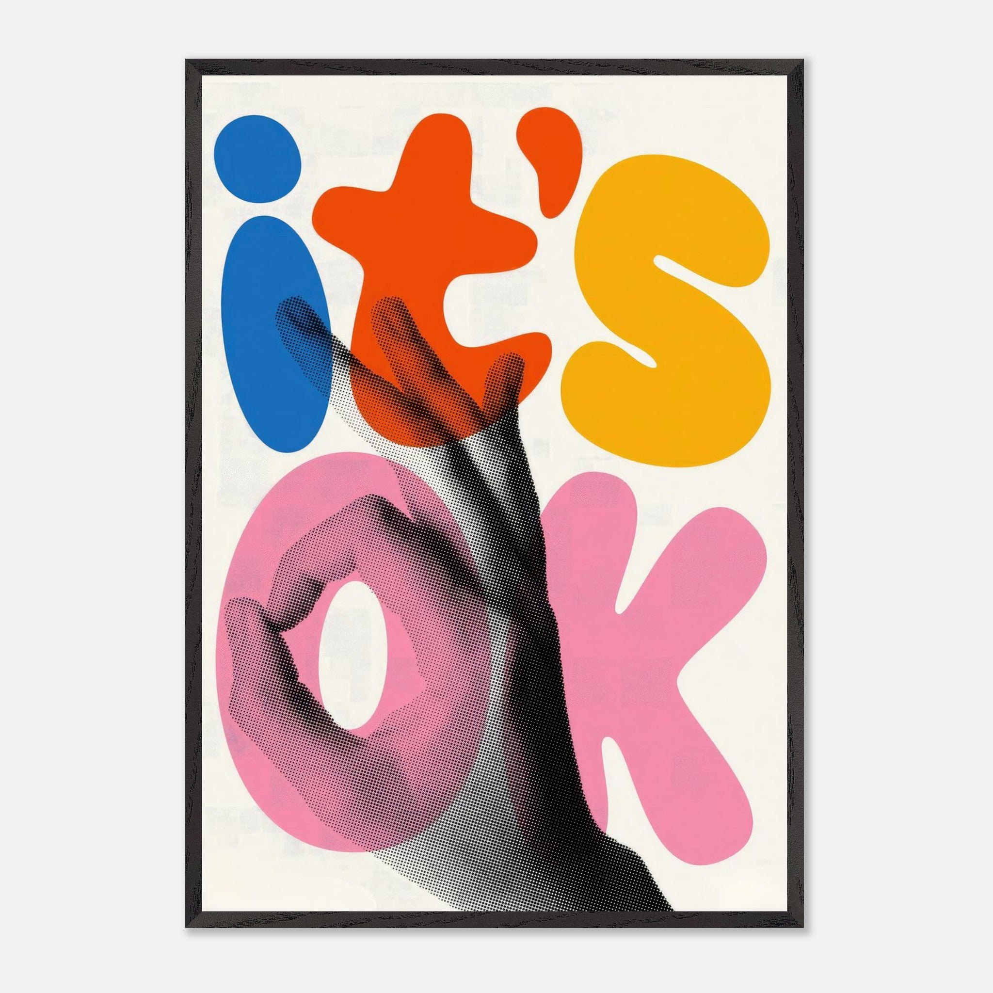 Retro Abstract Pop Art titled 'It's Ok' featuring vibrant typography and a hand gesture in bright colors.