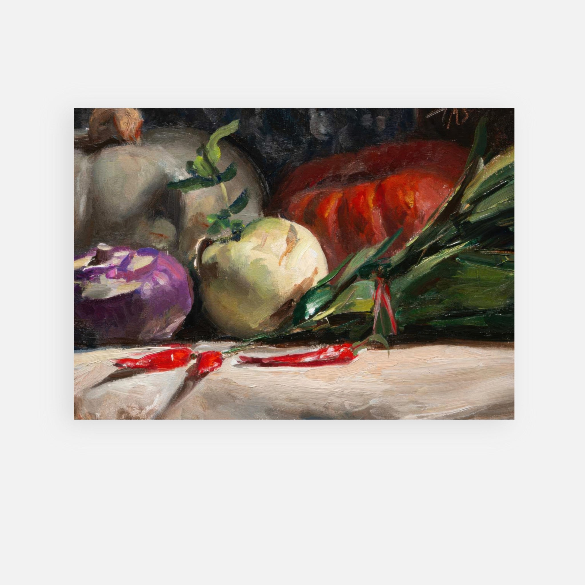 Kohlrabi, pumpkins, and chilis oil painting poster for kitchen decor with vibrant colors and rustic charm.