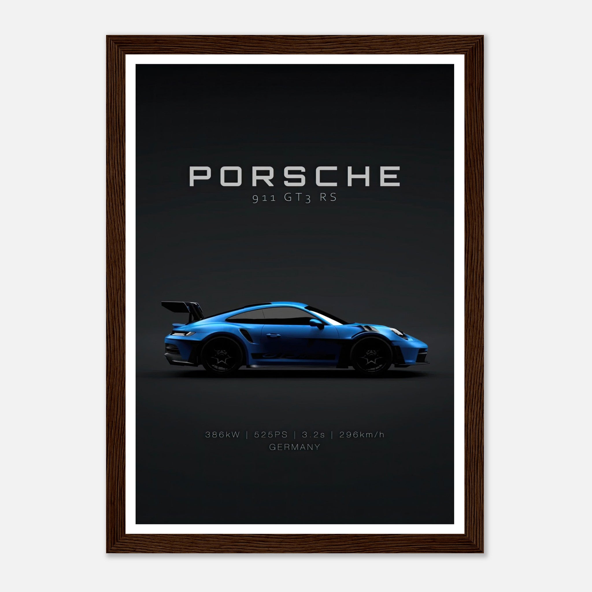 Framed poster of Porsche 911 GT3 RS showcasing its sleek profile and performance stats against a dark background.