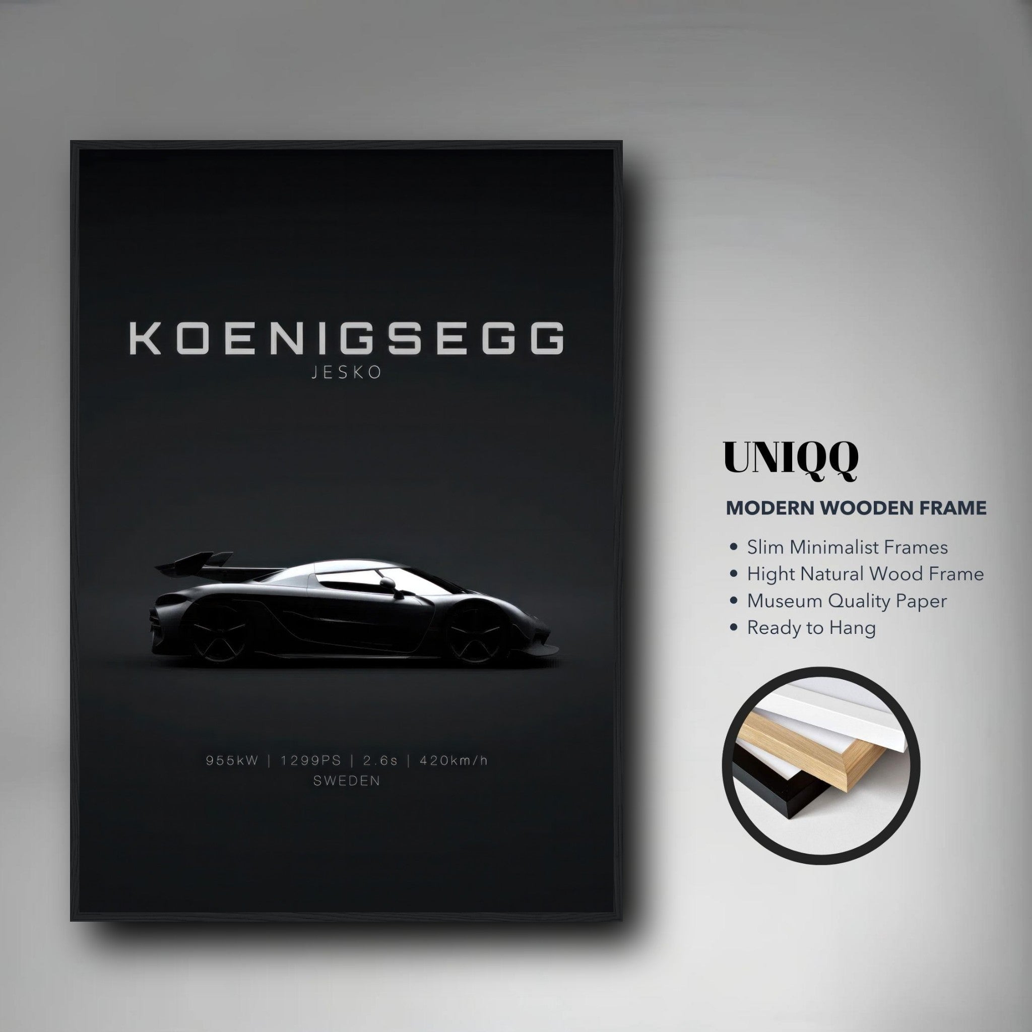 Koenigsegg Jesko framed poster showcasing sleek car silhouette on minimalist black background.