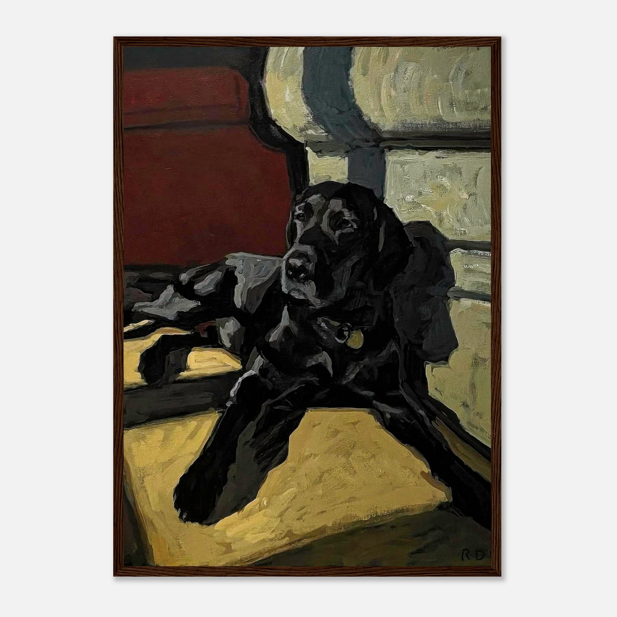 Black Labrador dog painting framed print depicting a lounging lab in rich earthy tones and expressive brushstrokes.