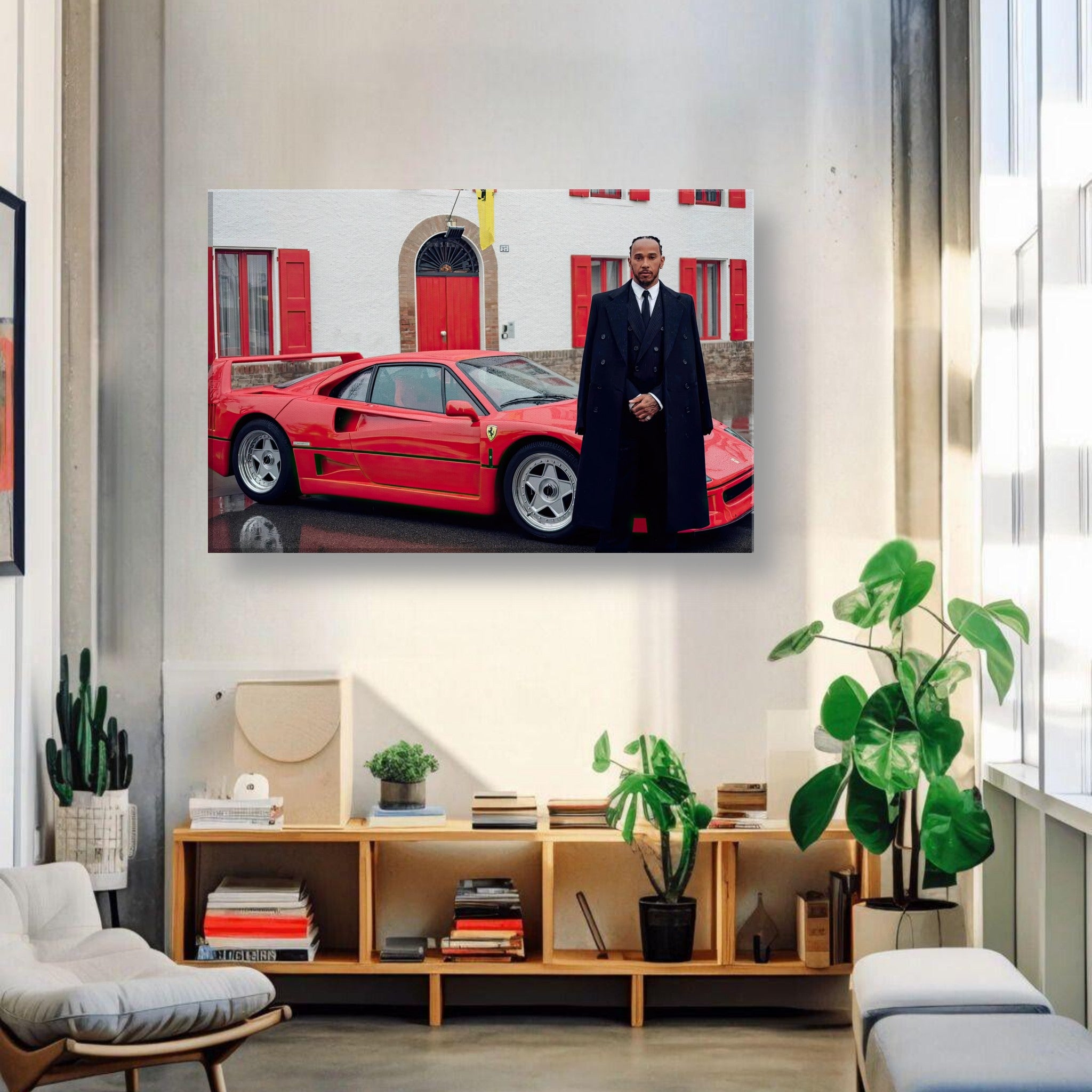 Lewis Hamilton beside a red Ferrari F40 in a stylish interior setting, showcasing motorsport history.