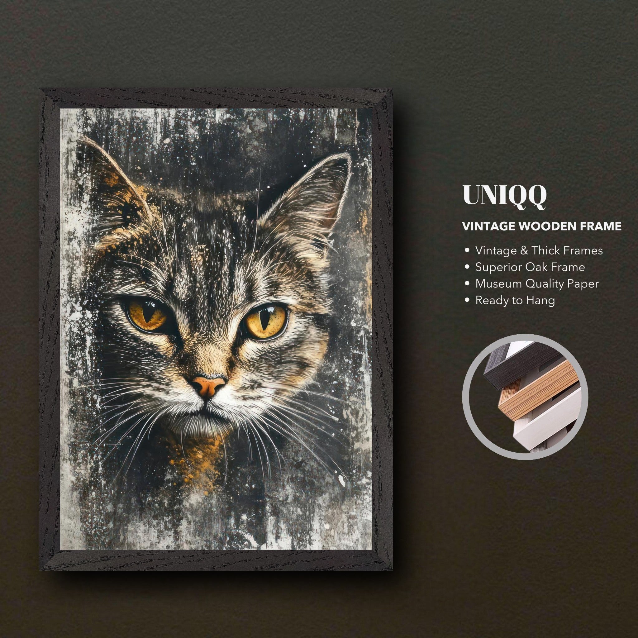 Vintage cat painting artwork in a thick wooden frame, featuring a captivating feline portrait with golden eyes.