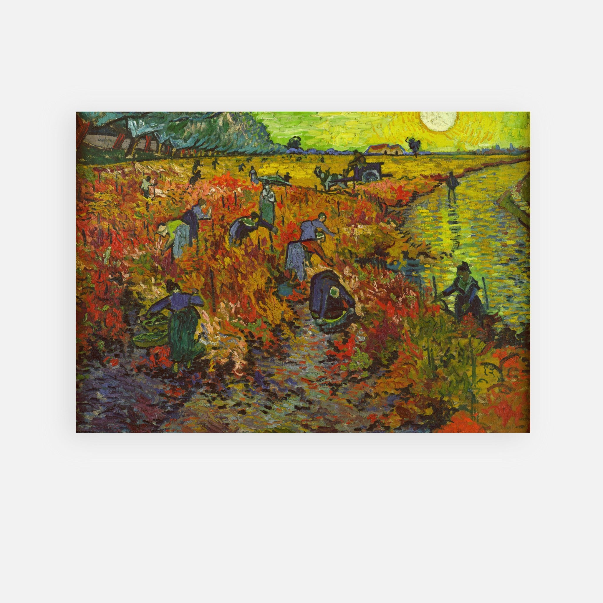 The Red Vineyard poster by Van Gogh featuring vibrant colors and vineyard workers under golden sunlight.