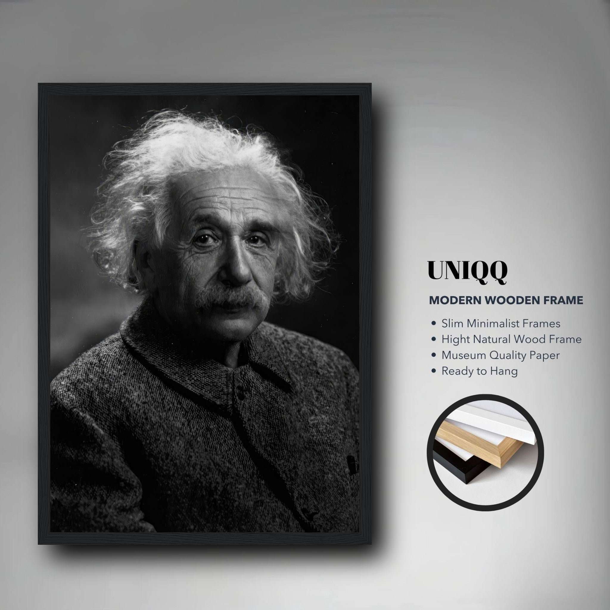 Framed portrait of Albert Einstein in black-and-white, showcasing his thoughtful expression and classic style.