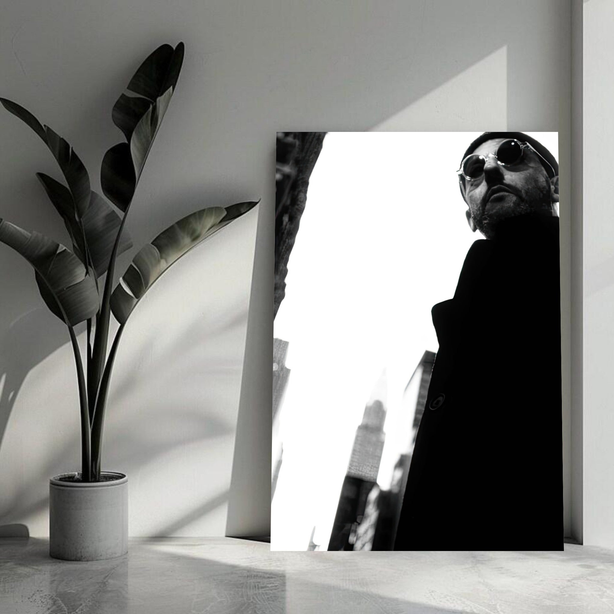 Leon Photography Jean Reno Metal Print in bold monochrome, featuring an enigmatic urban backdrop.