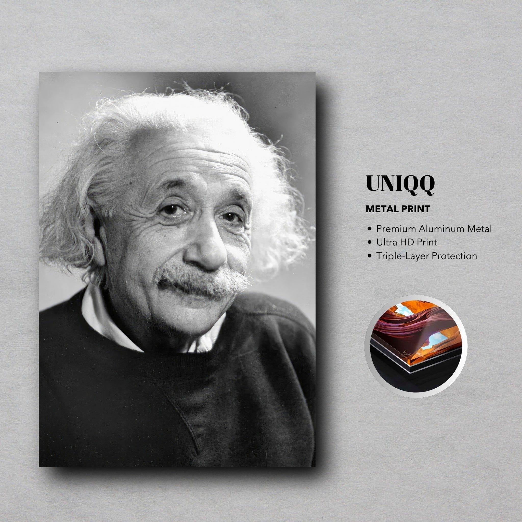 Albert Einstein 1946 Metal Print featuring a high-resolution black-and-white portrait on premium aluminum.