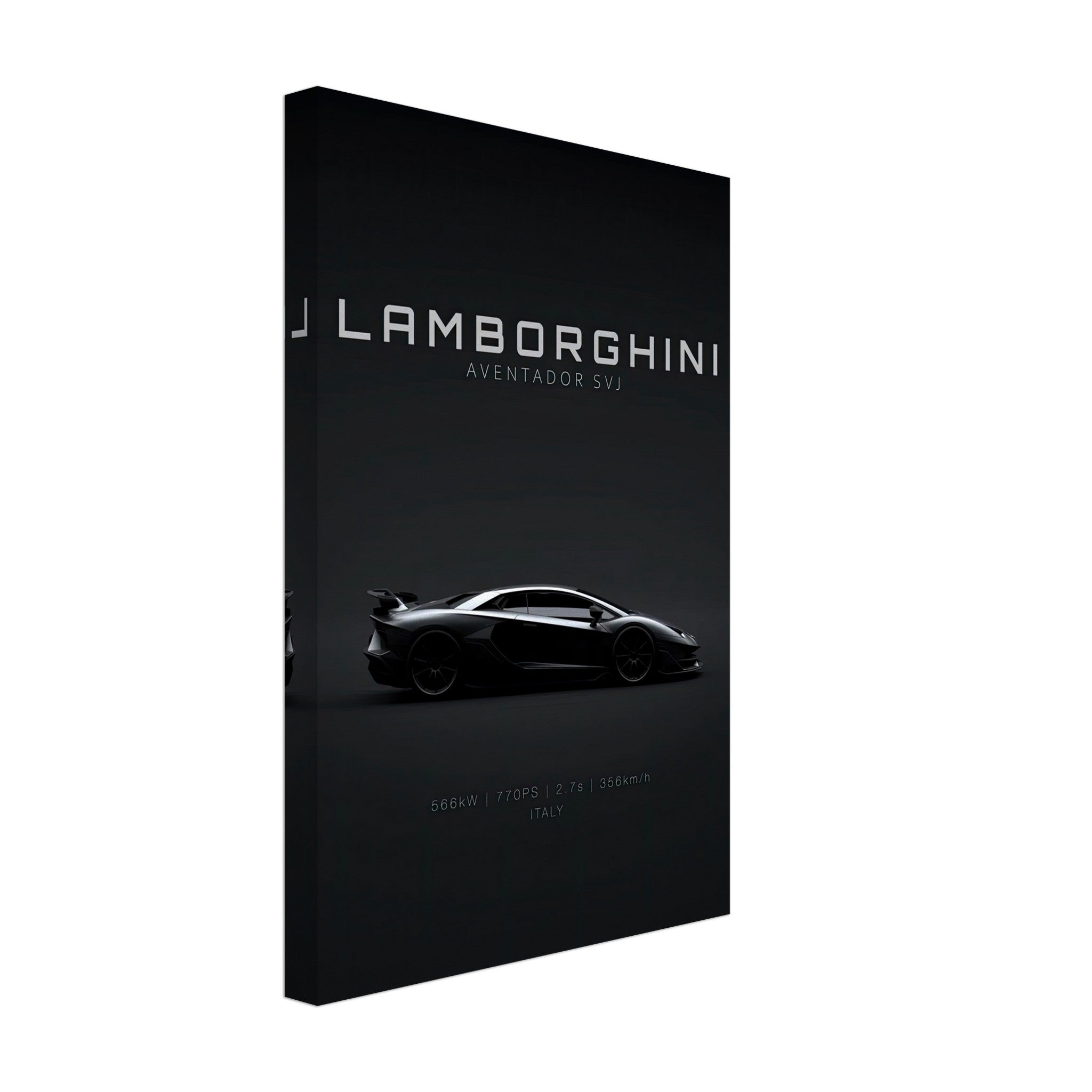 Lamborghini Aventador SVJ canvas art showcasing sleek silhouette on minimalist black background.