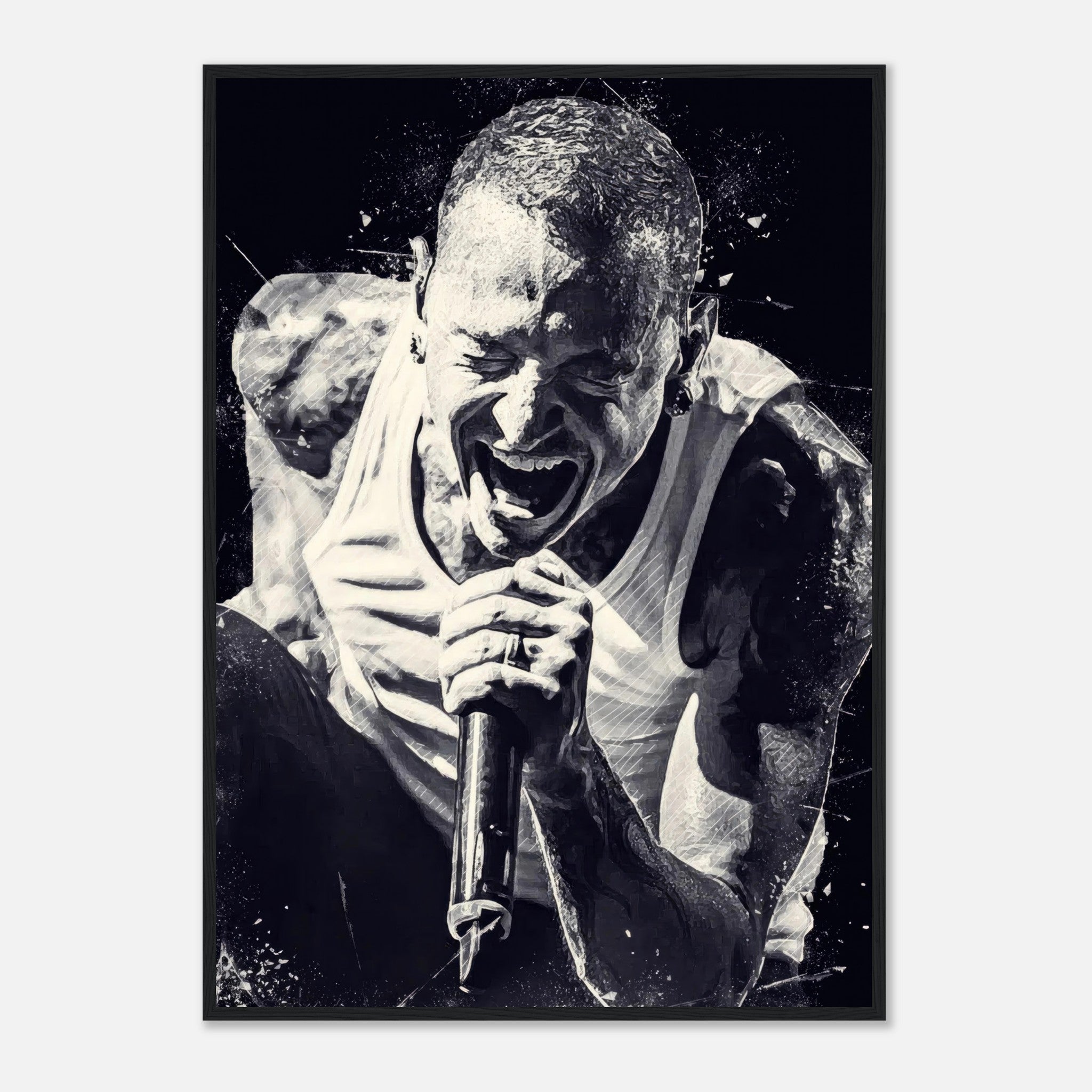 Chester Bennington framed print poster showcasing his intense stage presence in powerful black-and-white design.