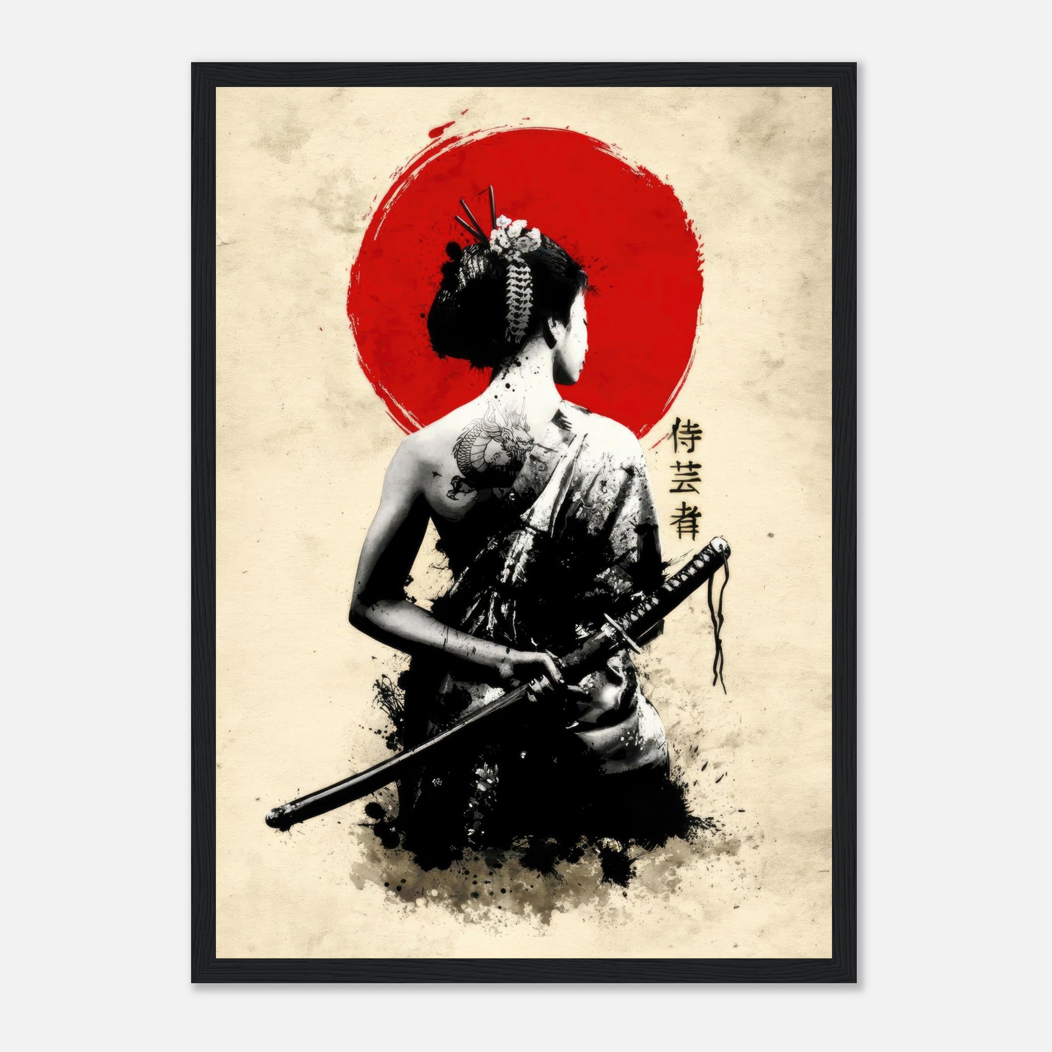 Framed print of a geisha with a katana against a red sun backdrop, showcasing strength and elegance.