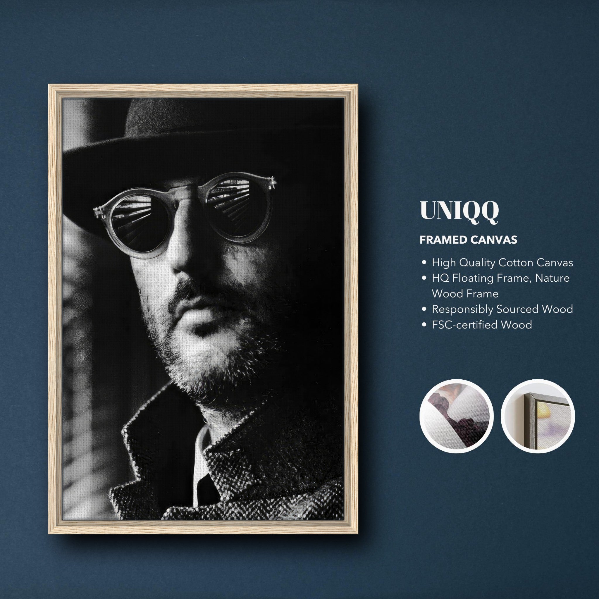 Jean Reno Leon Photography framed canvas print in natural wood frame, showcasing cinematic artistry and bold contrasts.