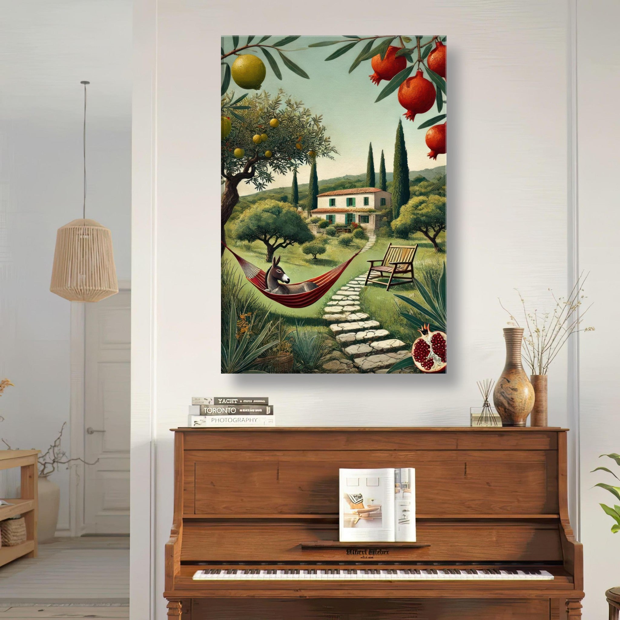 Mediterranean rural landscape canvas print showcasing serene hills, stone paths, and a hammock for relaxation.