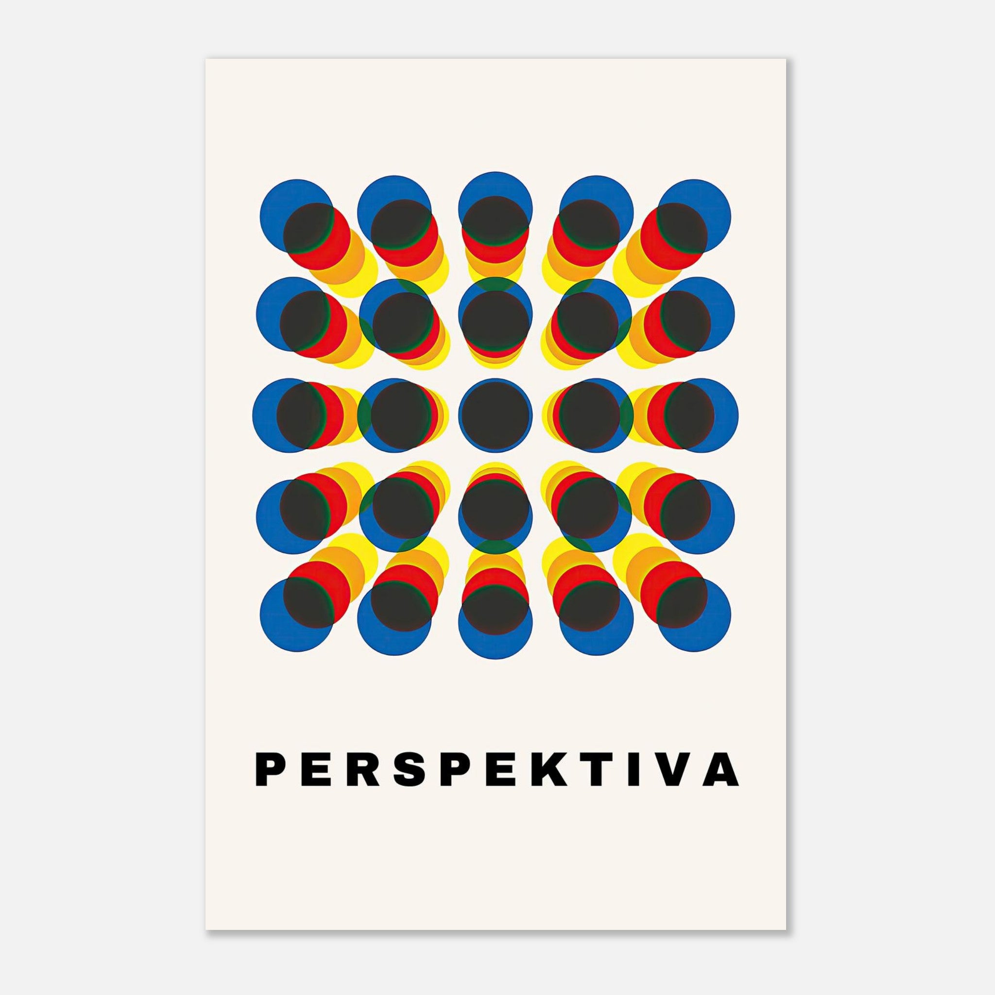 Perspective Abstract Art metal print featuring vibrant geometric shapes in red, yellow, and blue on a minimal background.