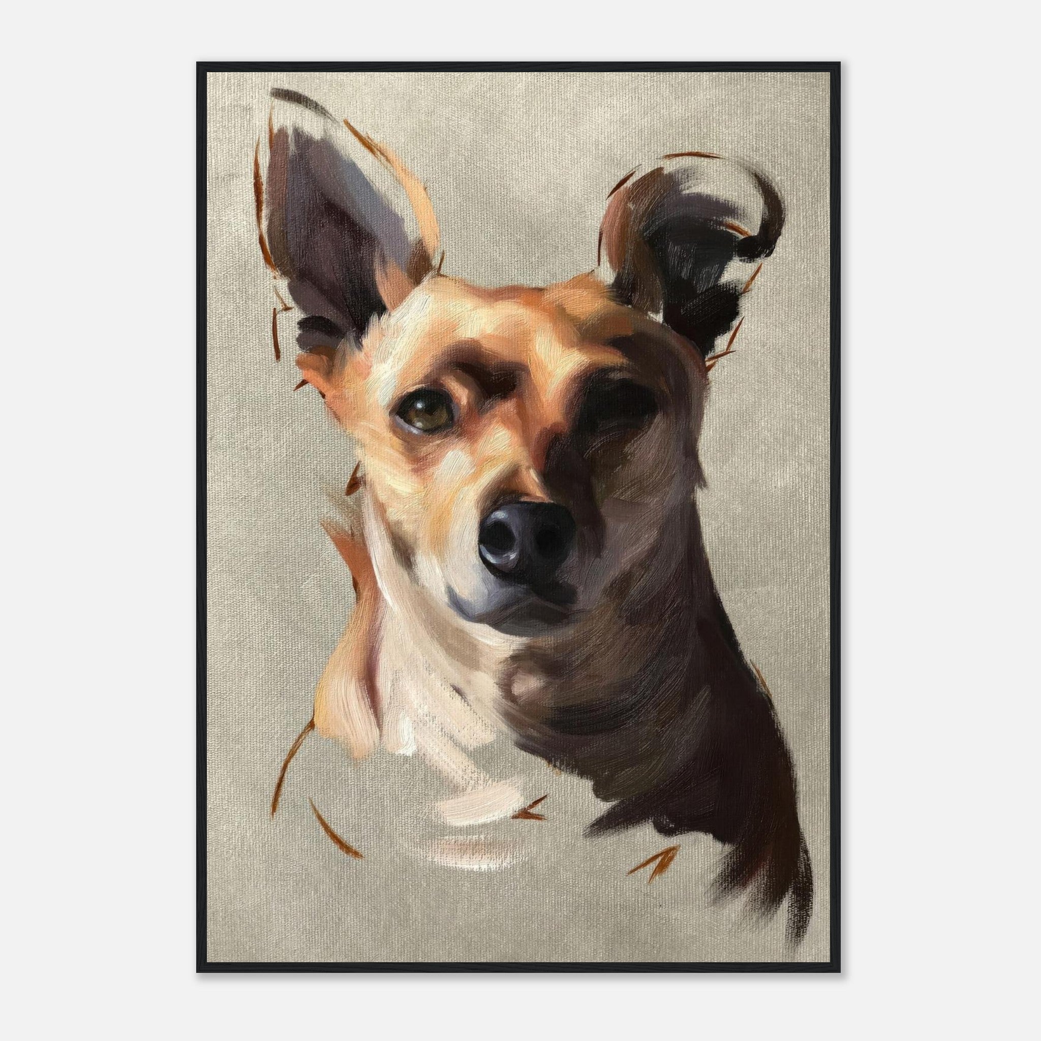 Chihuahua dog painting framed print featuring a detailed portrait with expressive brushstrokes and soft background.