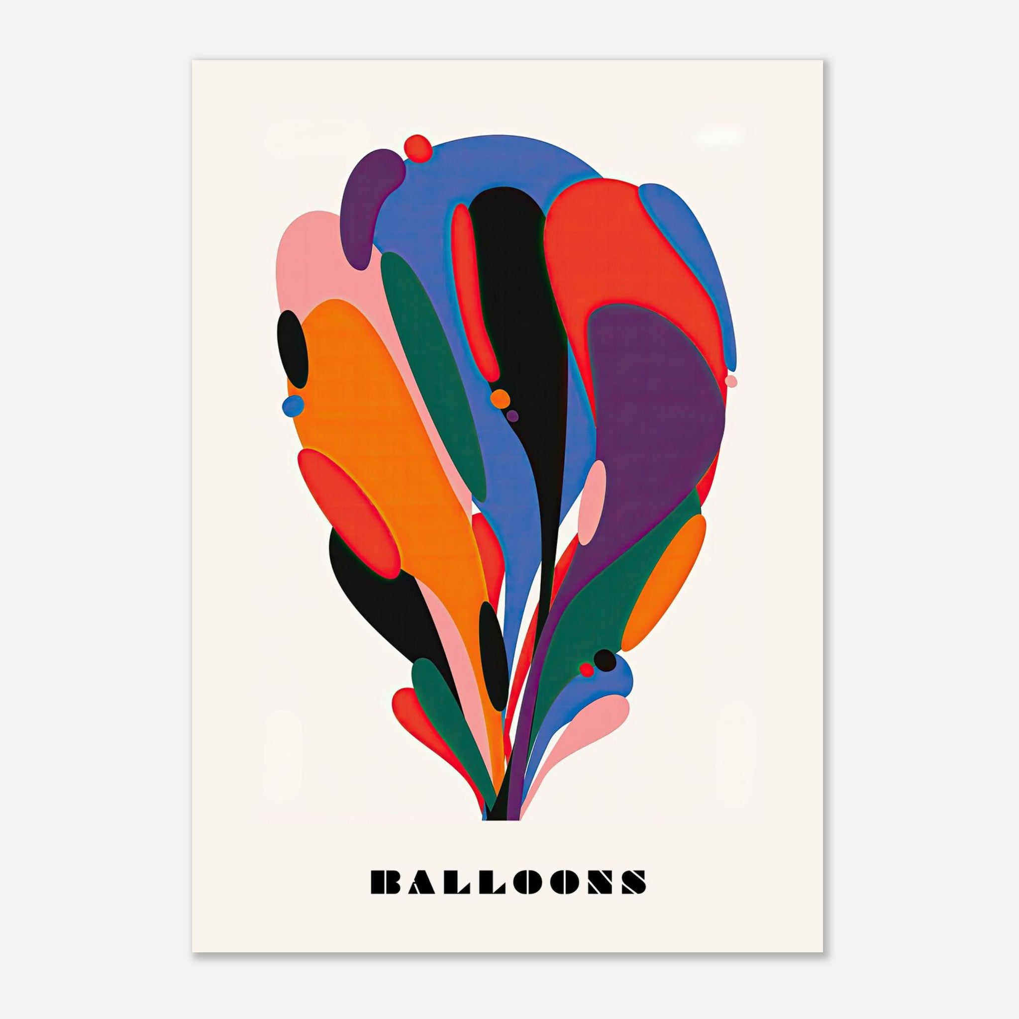 Abstract Balloon Art Poster featuring vibrant shapes in red, orange, purple, and black on a minimal cream background.
