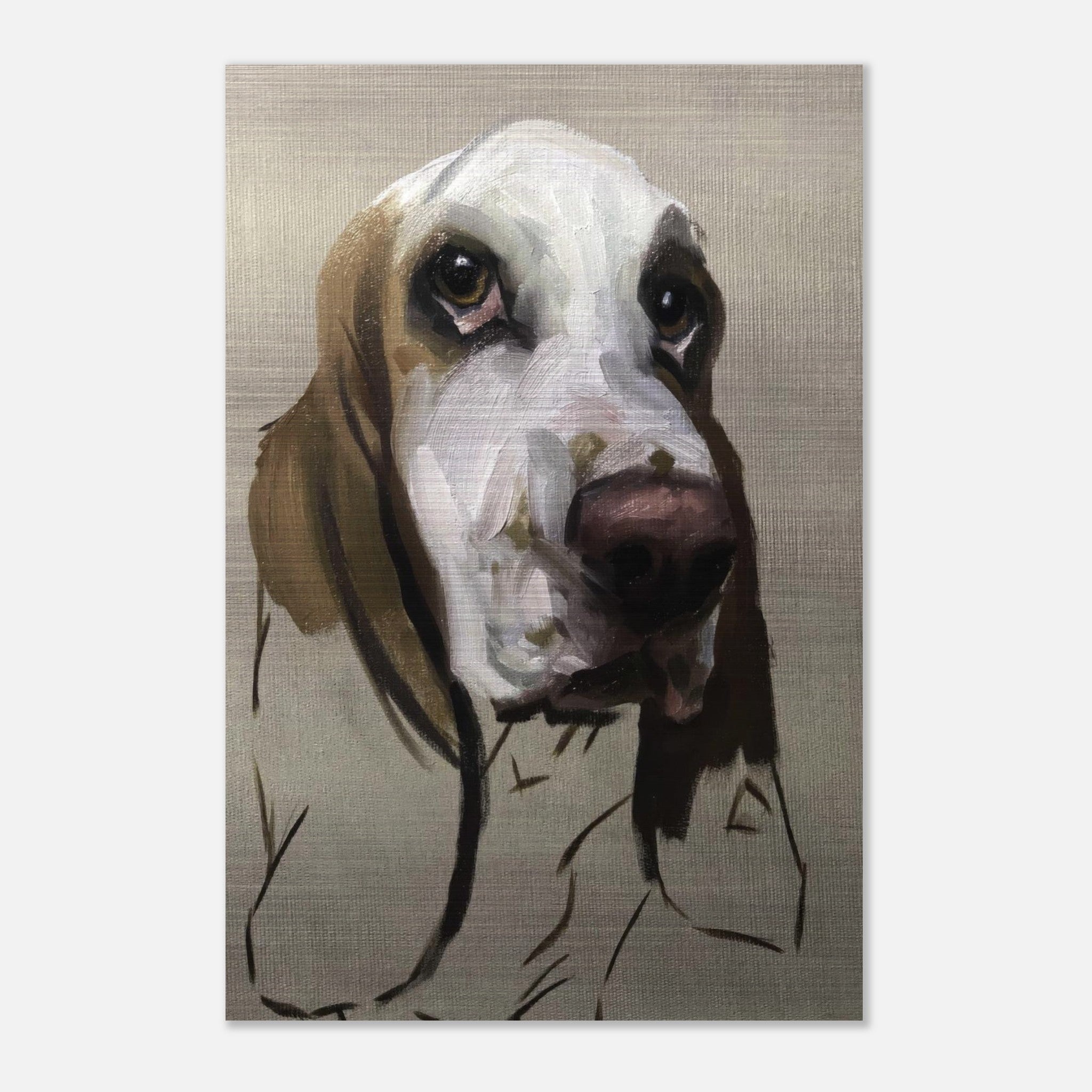 Basset Hound Dog painting on brushed metal, showcasing soulful eyes and unique artistry.