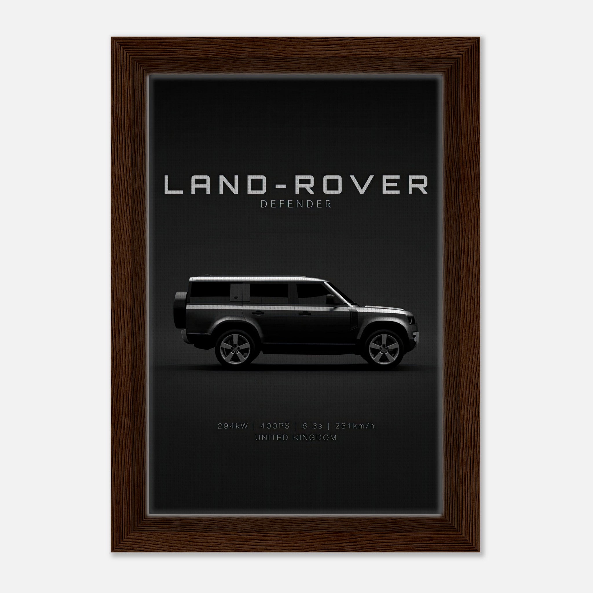 Framed canvas print of Land Rover Defender showcasing its sleek profile on a bold black backdrop.