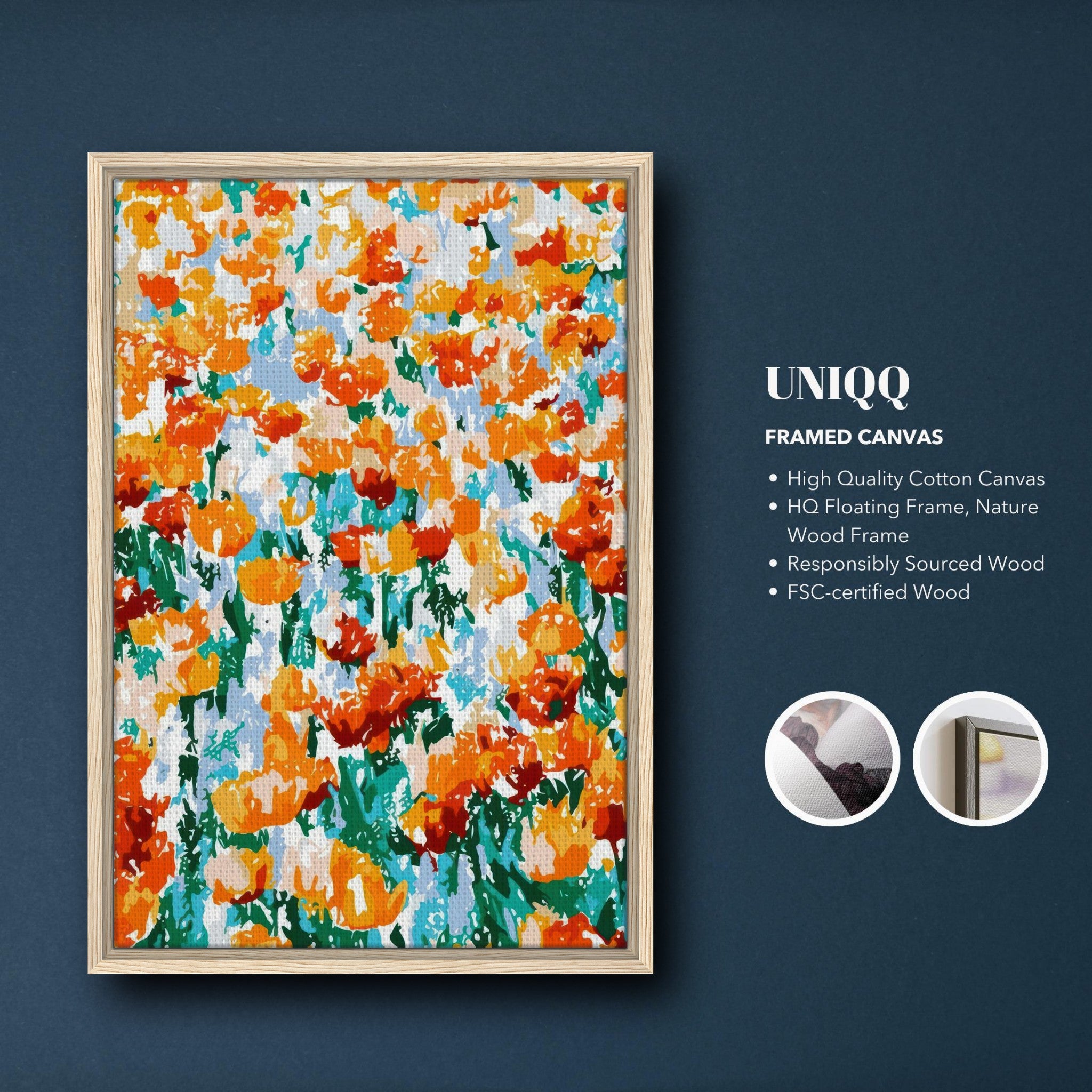 Abstract Floral Tulip Garden Framed Canvas Print with vibrant orange and green hues, perfect for modern home decor.