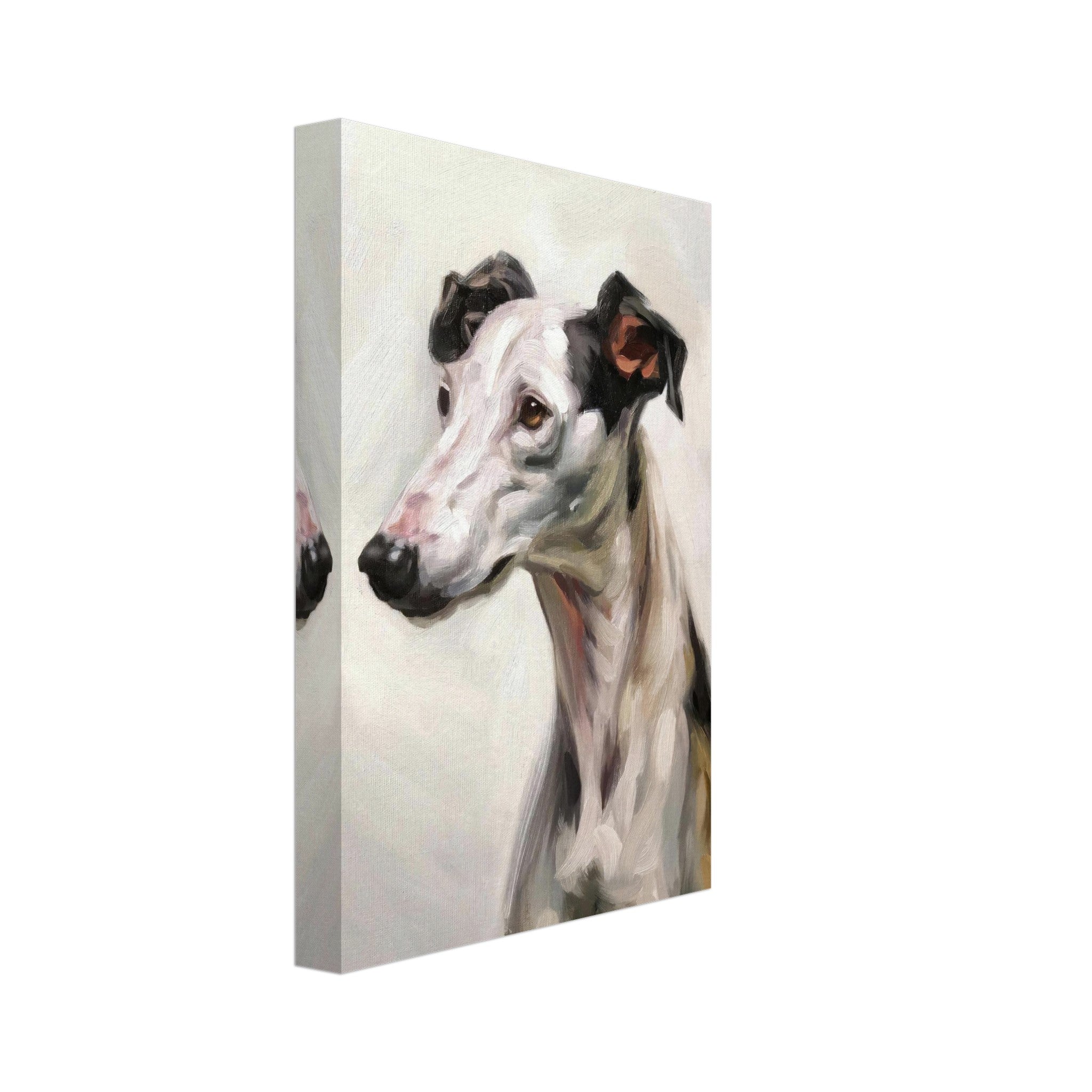 Greyhound dog painting canvas print showcasing a detailed portrait of a Greyhound with soft brushstrokes and muted colors.