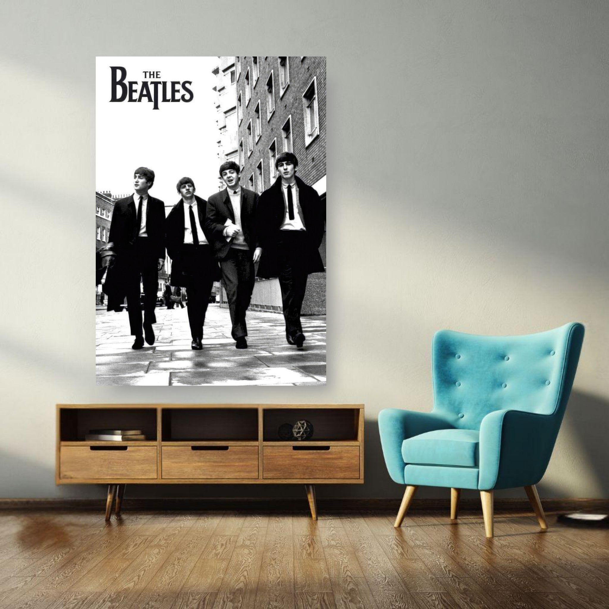 The Beatles cover poster featuring famous band members walking in suits, ideal for music lovers' home decor.