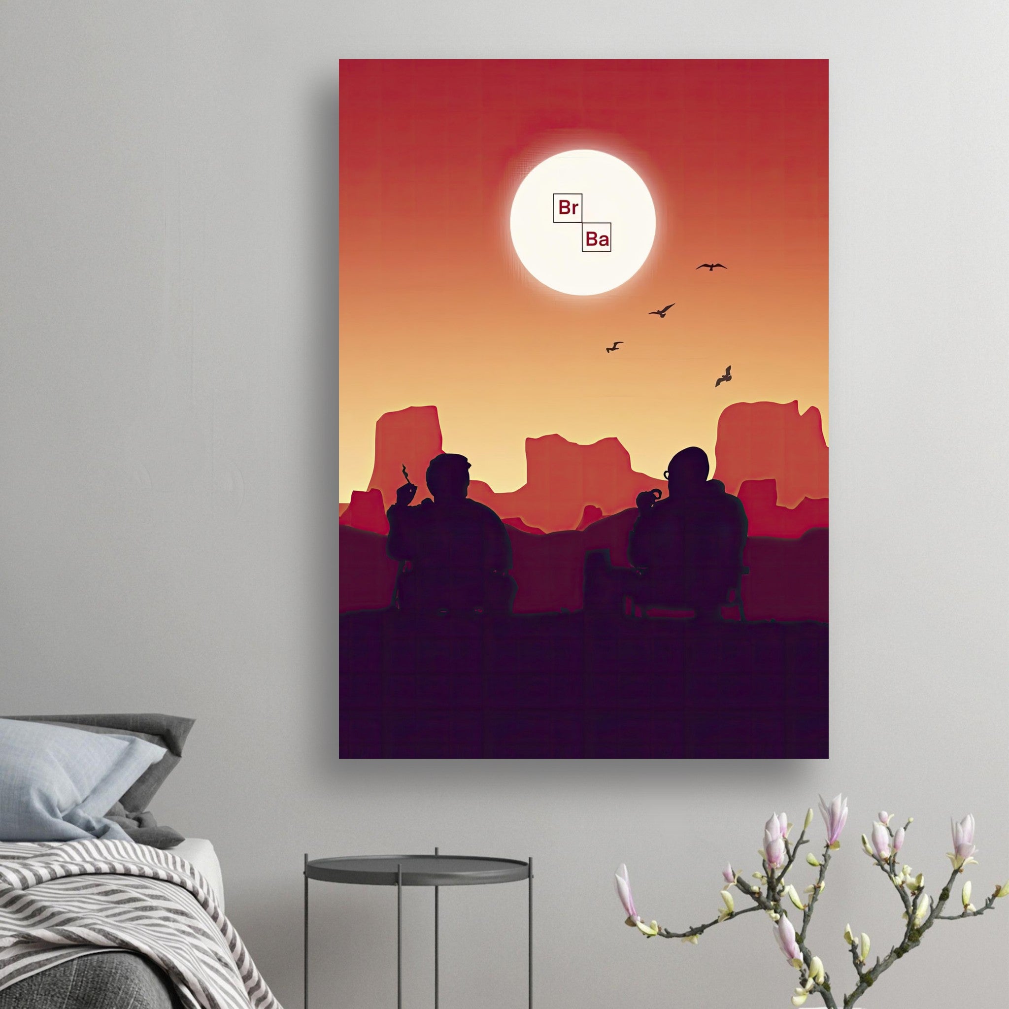 Sunset Breaking Bad poster featuring iconic silhouettes against a vibrant desert sunset, perfect for home decor.