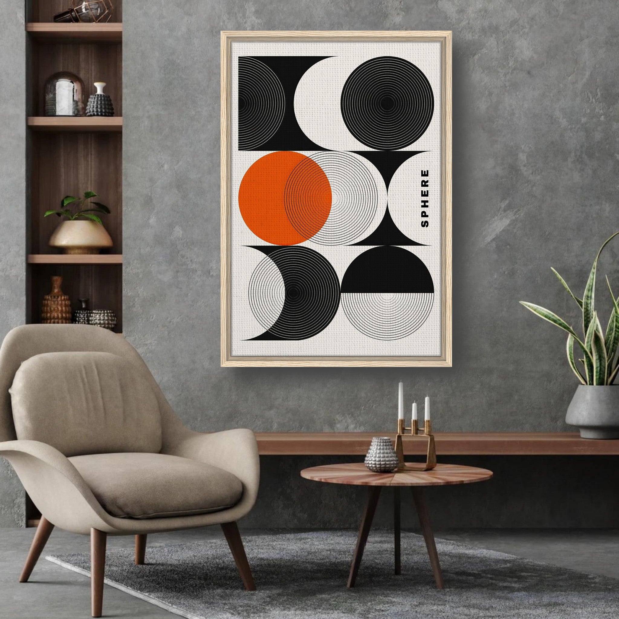 Abstract geometric sphere art framed canvas print featuring bold circles in black, white, and orange, enhancing modern decor.