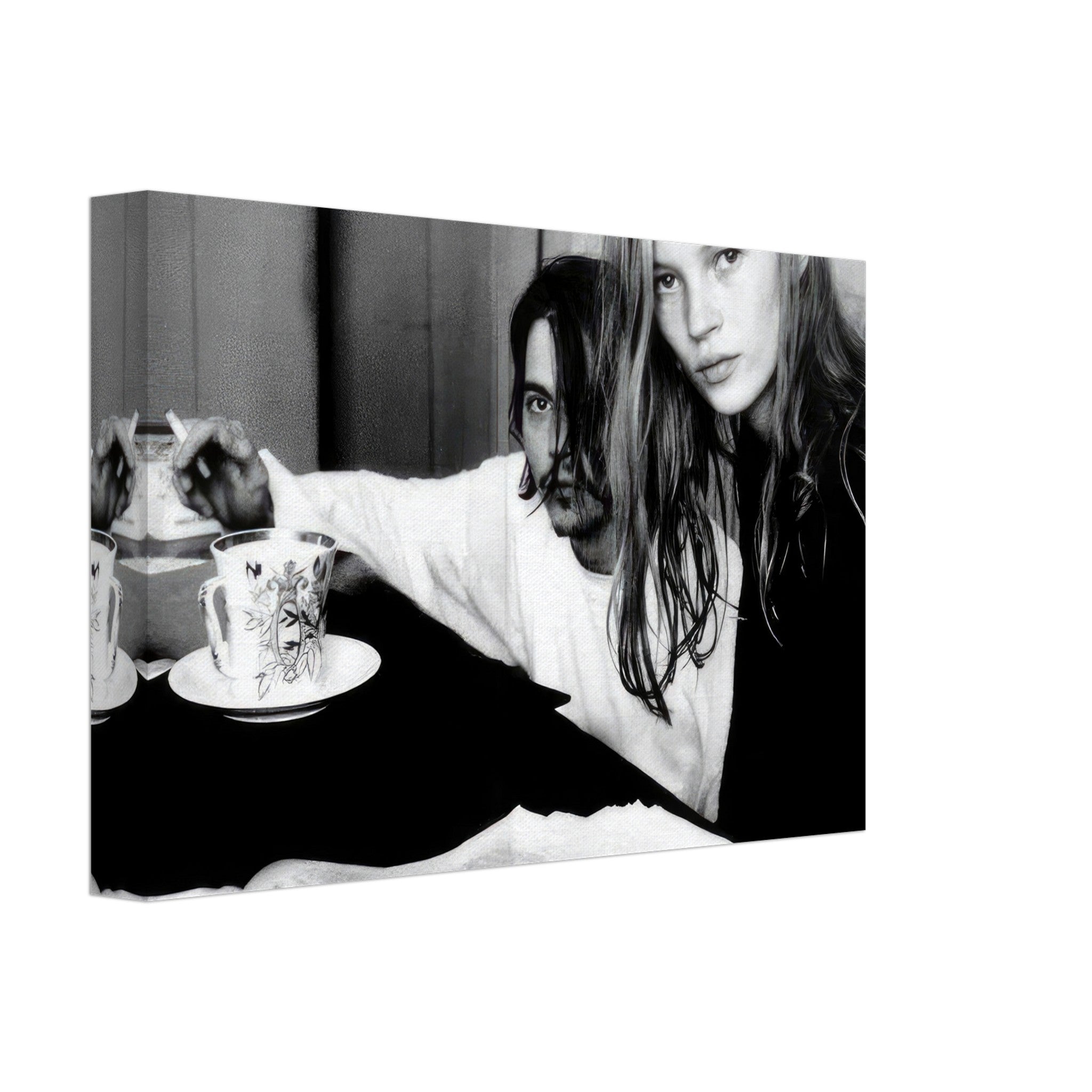 Canvas print of Johnny Depp and Kate Moss capturing 90s romance and nostalgia in black-and-white.