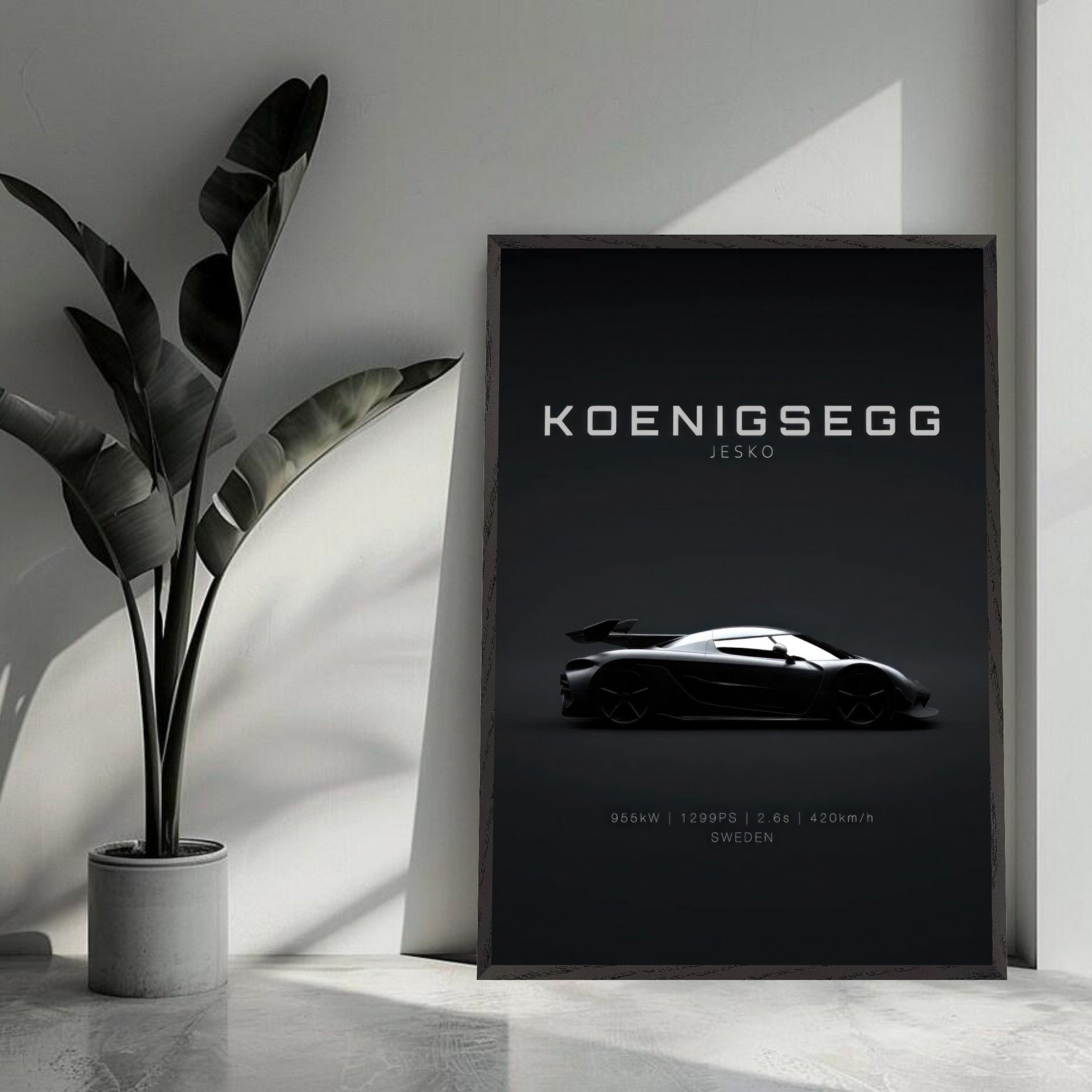 Koenigsegg Jesko vintage framed art showcasing sleek car design on a minimalist black background.