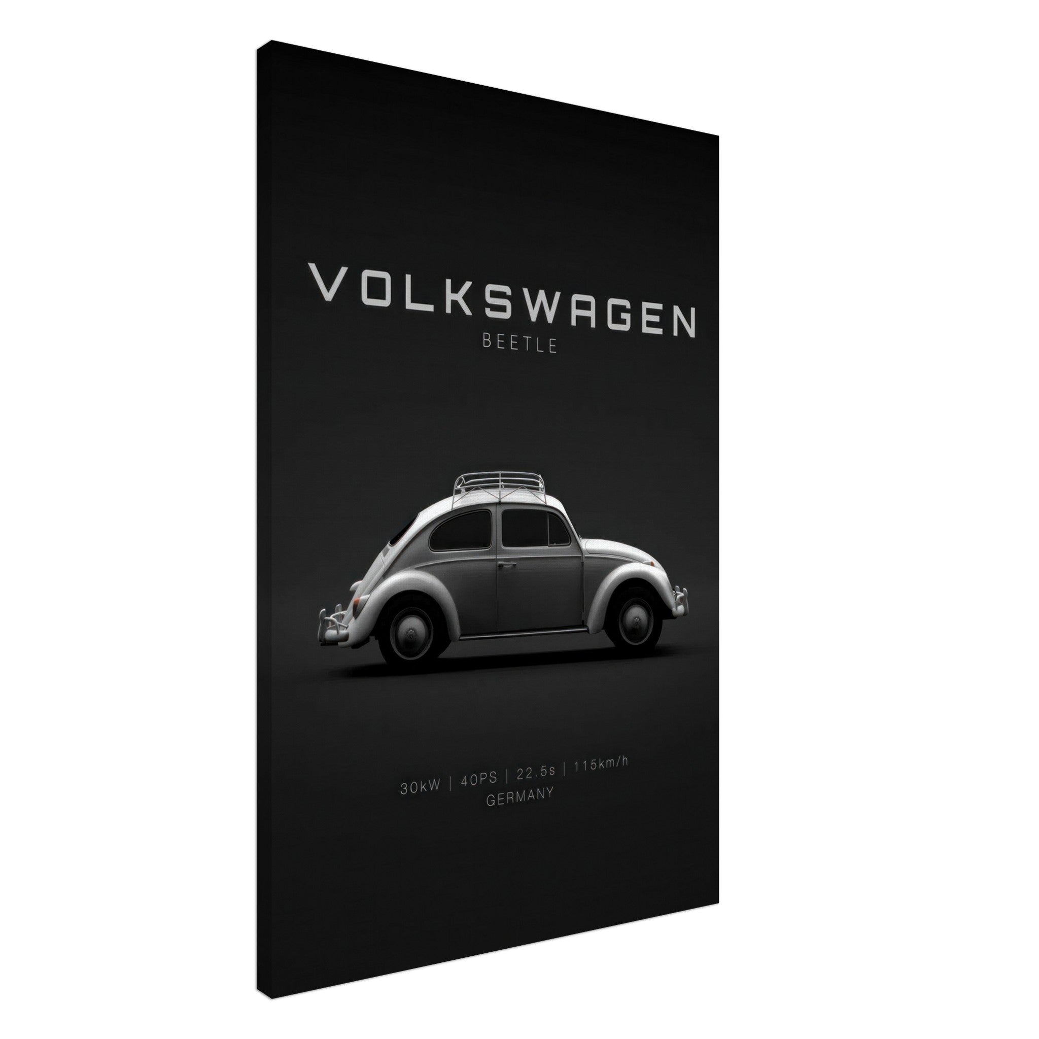 Volkswagen Beetle canvas artwork featuring classic car silhouette on a sleek black background.