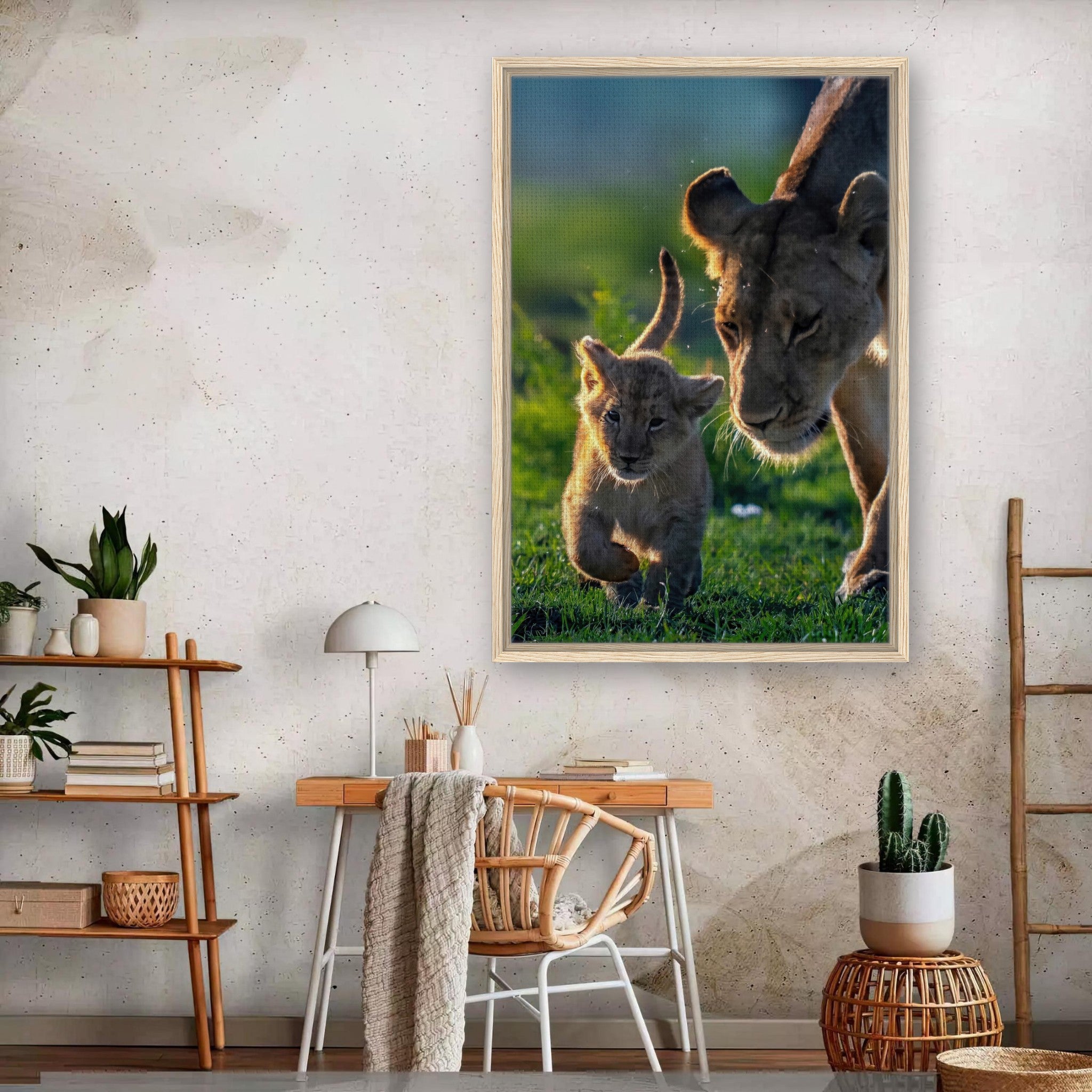 Protective lion mother with cub in sunlit savanna, framed canvas print for home decor.