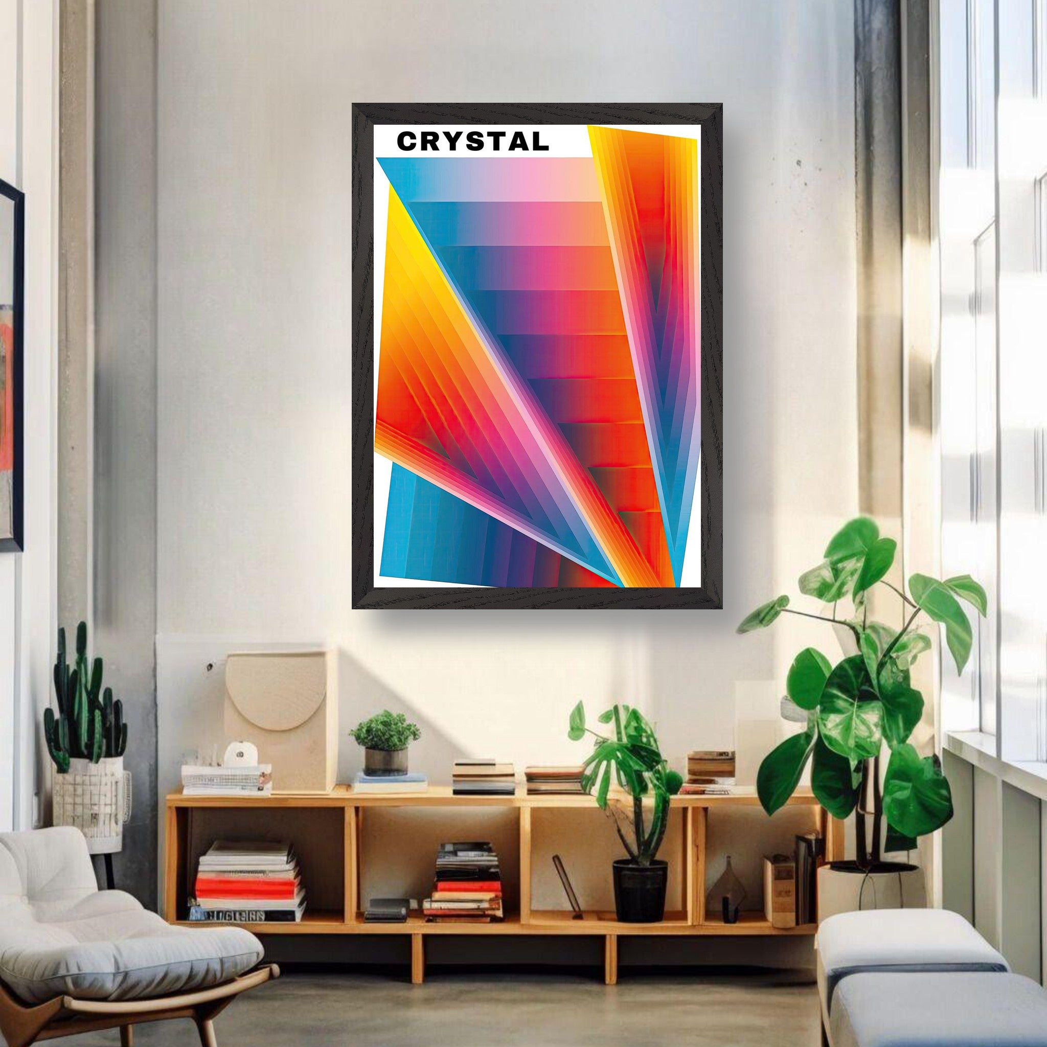 Crystal Abstract Art Vintage Framed Print featuring bold colors and geometric patterns in a modern living space.