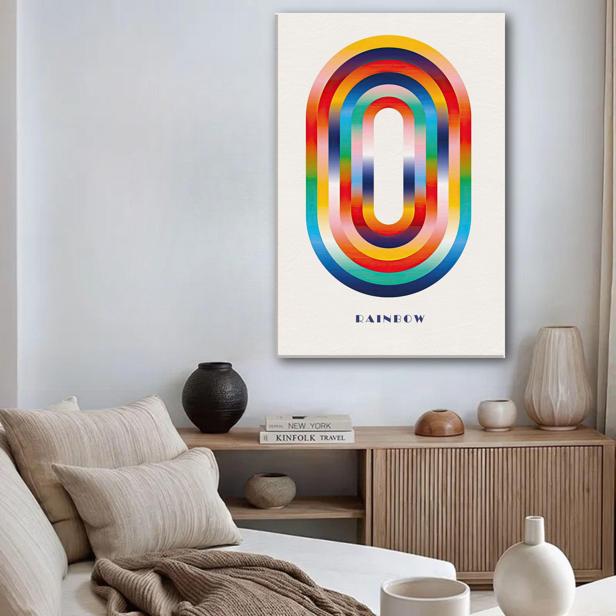 Vibrant Abstract Rainbow Geometric Art Canvas Print displayed in a modern living room setting.