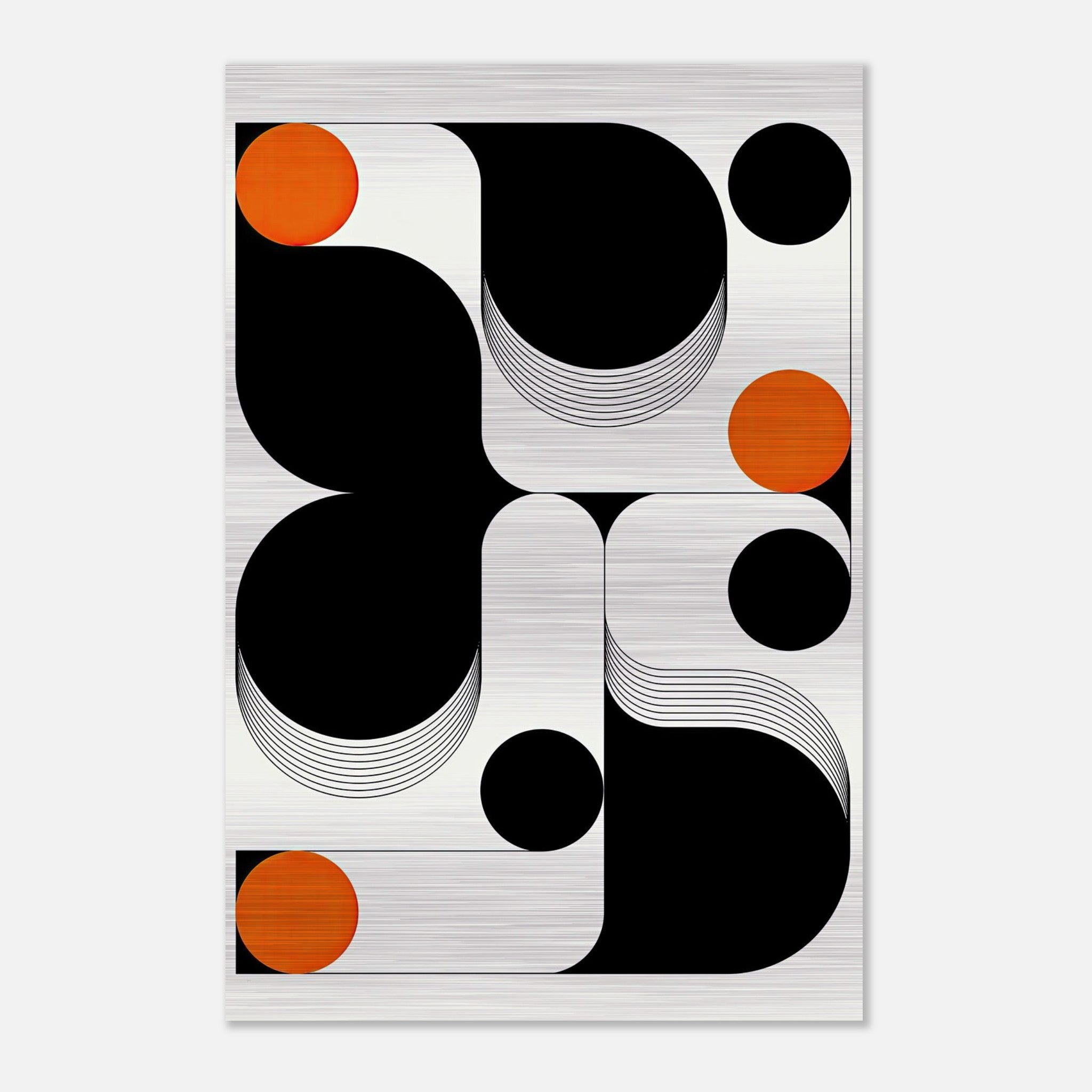 Modern geometric abstract art print in brushed metal with black and white curves and vibrant orange accents.